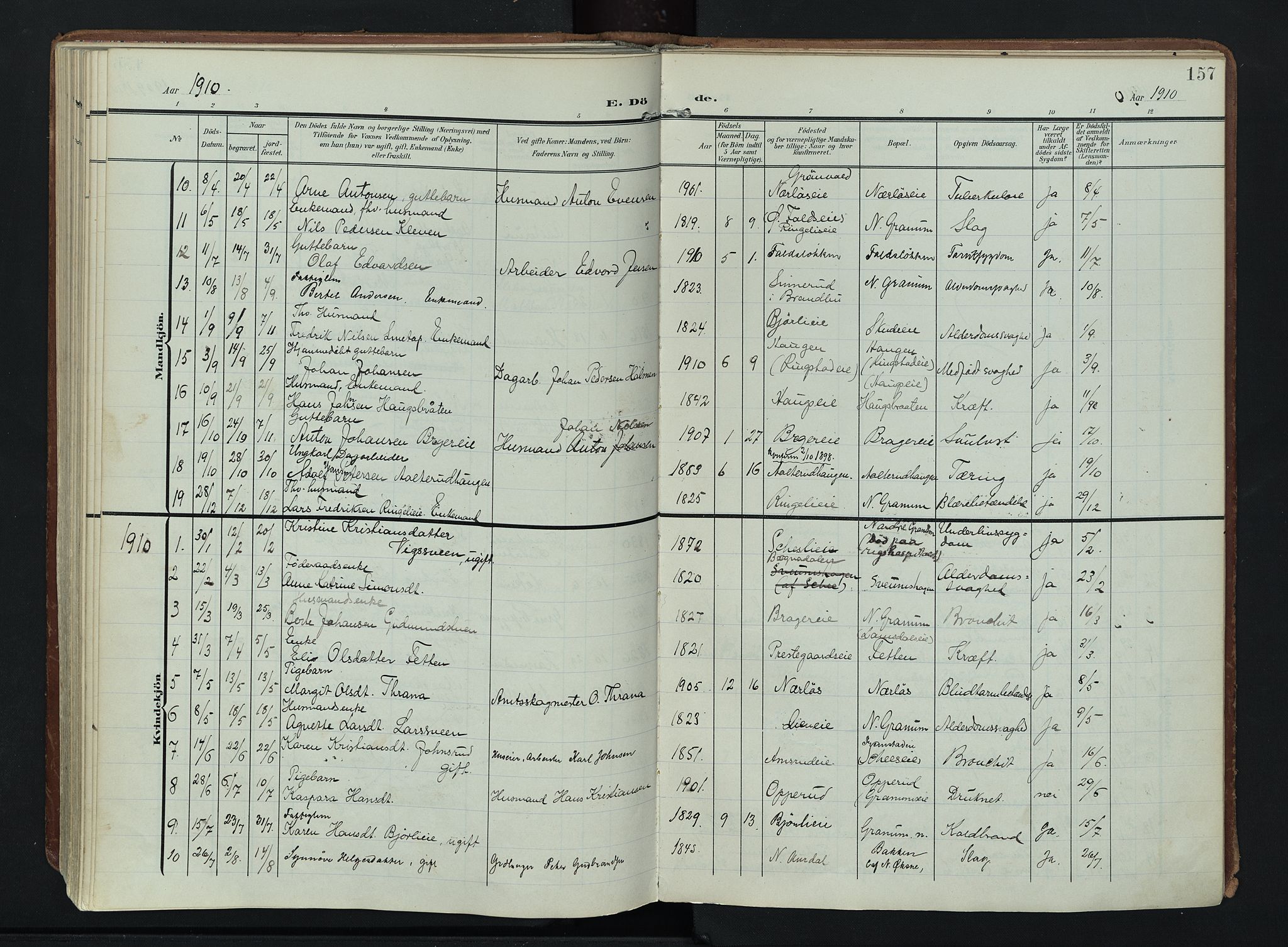 Søndre Land prestekontor, SAH/PREST-122/K/L0007: Parish register (official) no. 7, 1905-1914, p. 157