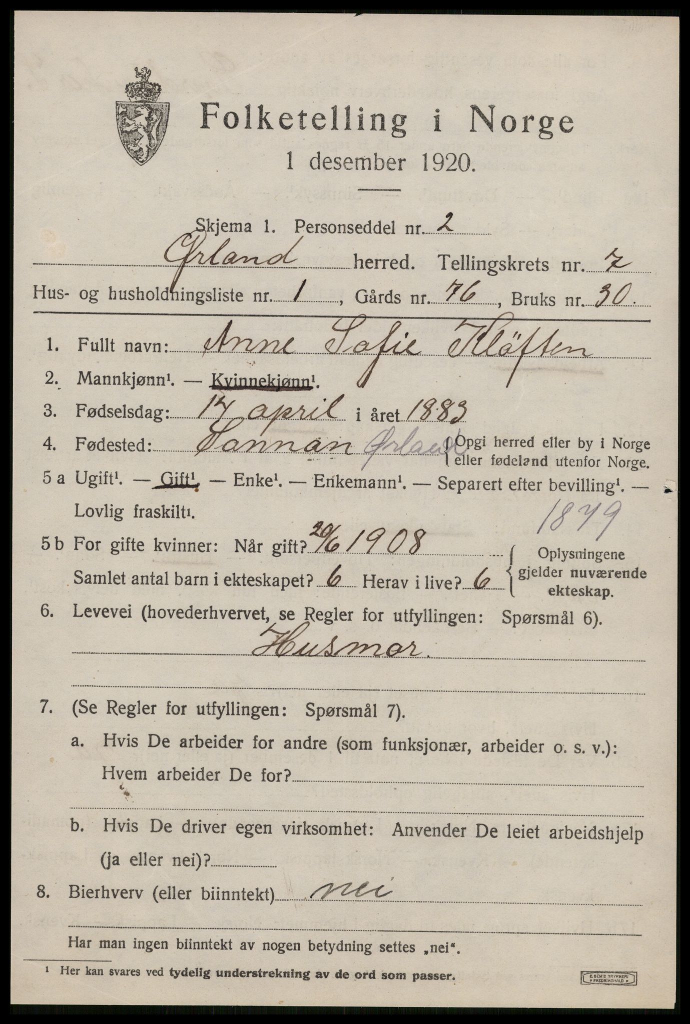 SAT, 1920 census for Ørland, 1920, p. 6095