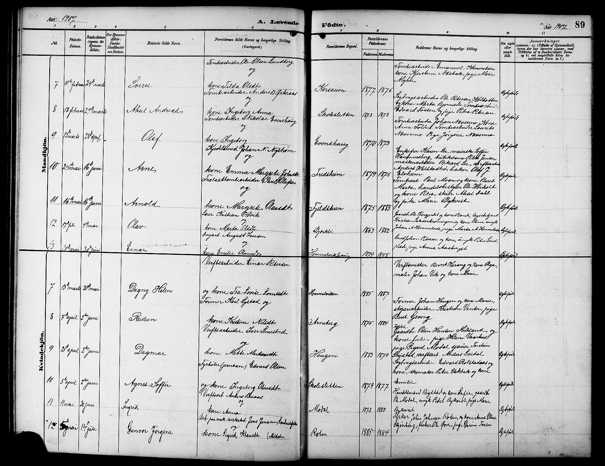 Ministerialprotokoller, klokkerbøker og fødselsregistre - Sør-Trøndelag, SAT/A-1456/617/L0431: Parish register (copy) no. 617C01, 1889-1910, p. 89