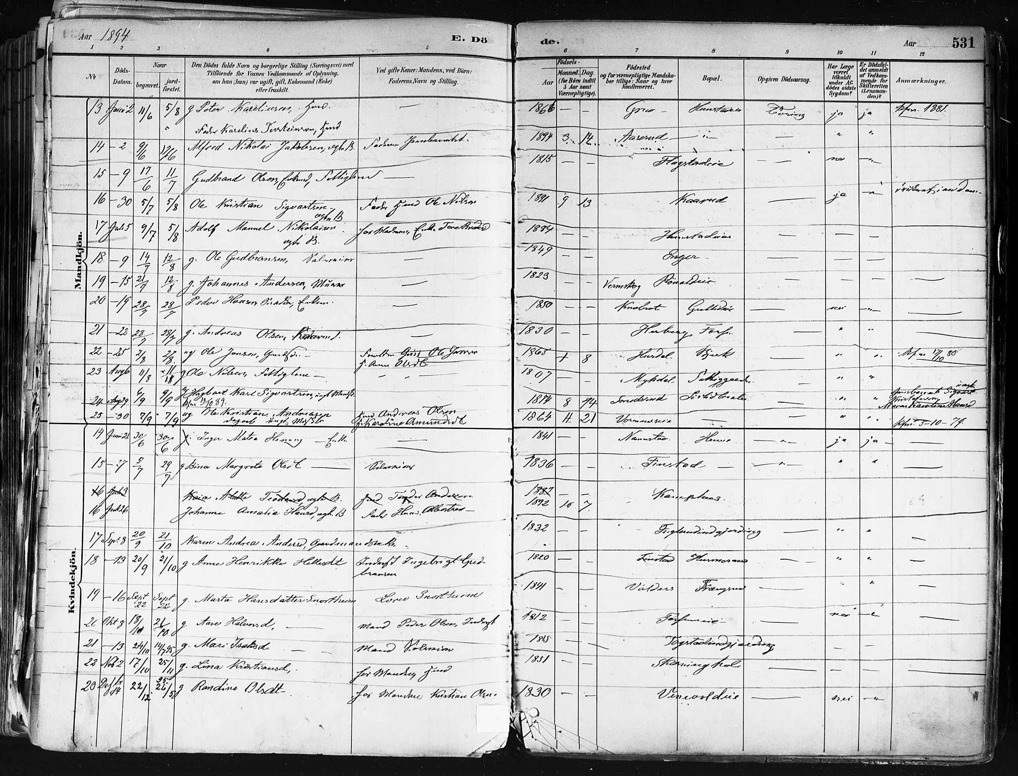 Nes prestekontor Kirkebøker, SAO/A-10410/F/Fa/L0010: Parish register (official) no. I 10, 1883-1898, p. 531