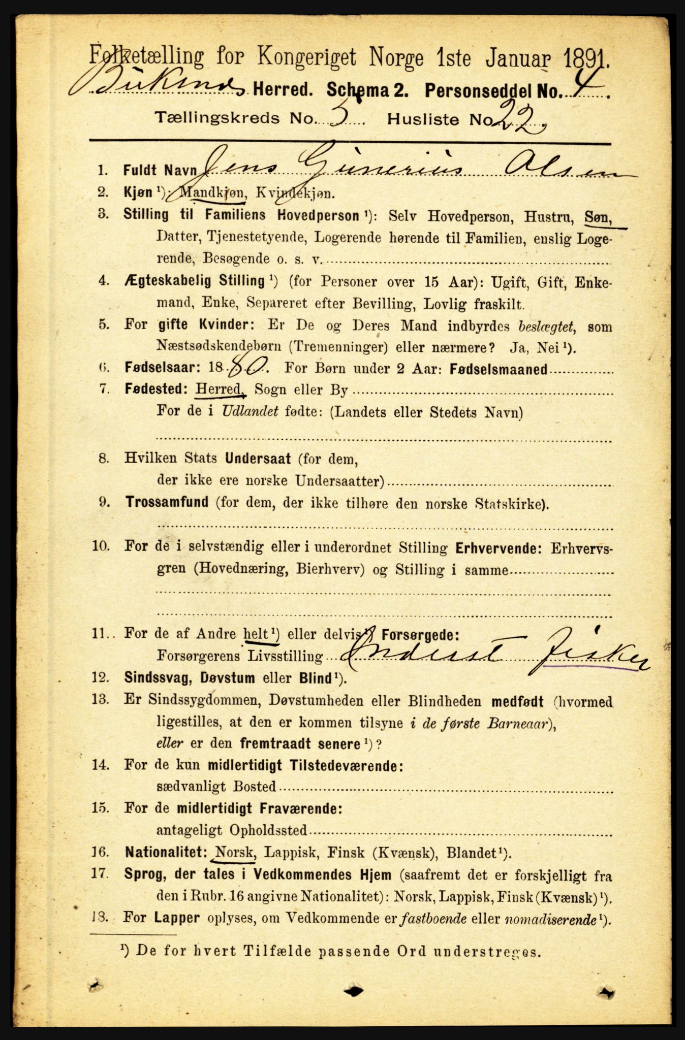 RA, 1891 census for 1860 Buksnes, 1891, p. 4010