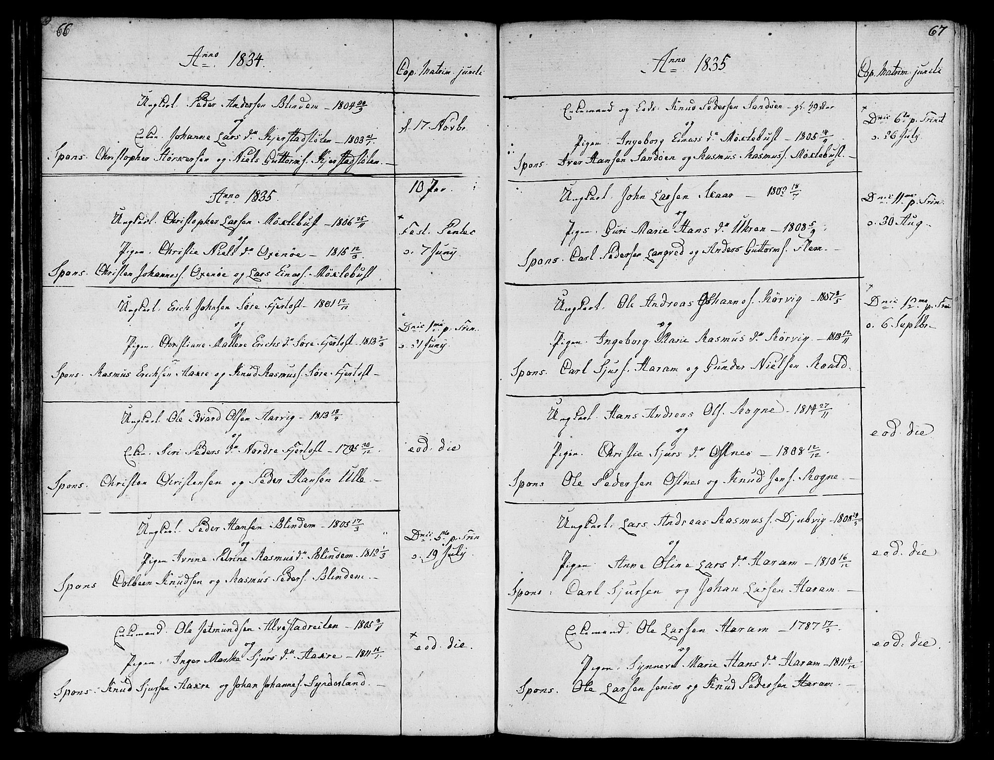 Ministerialprotokoller, klokkerbøker og fødselsregistre - Møre og Romsdal, SAT/A-1454/536/L0494: Parish register (official) no. 536A03, 1803-1836, p. 66-67