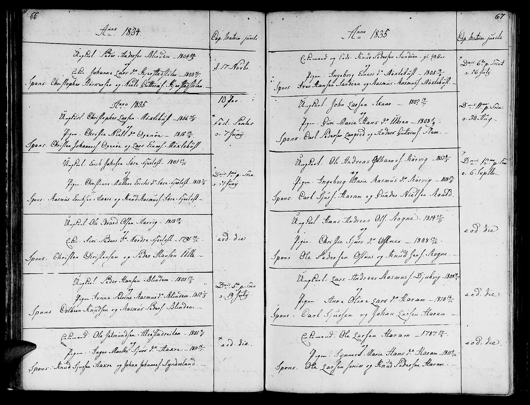 Ministerialprotokoller, klokkerbøker og fødselsregistre - Møre og Romsdal, AV/SAT-A-1454/536/L0494: Parish register (official) no. 536A03, 1803-1836, p. 66-67