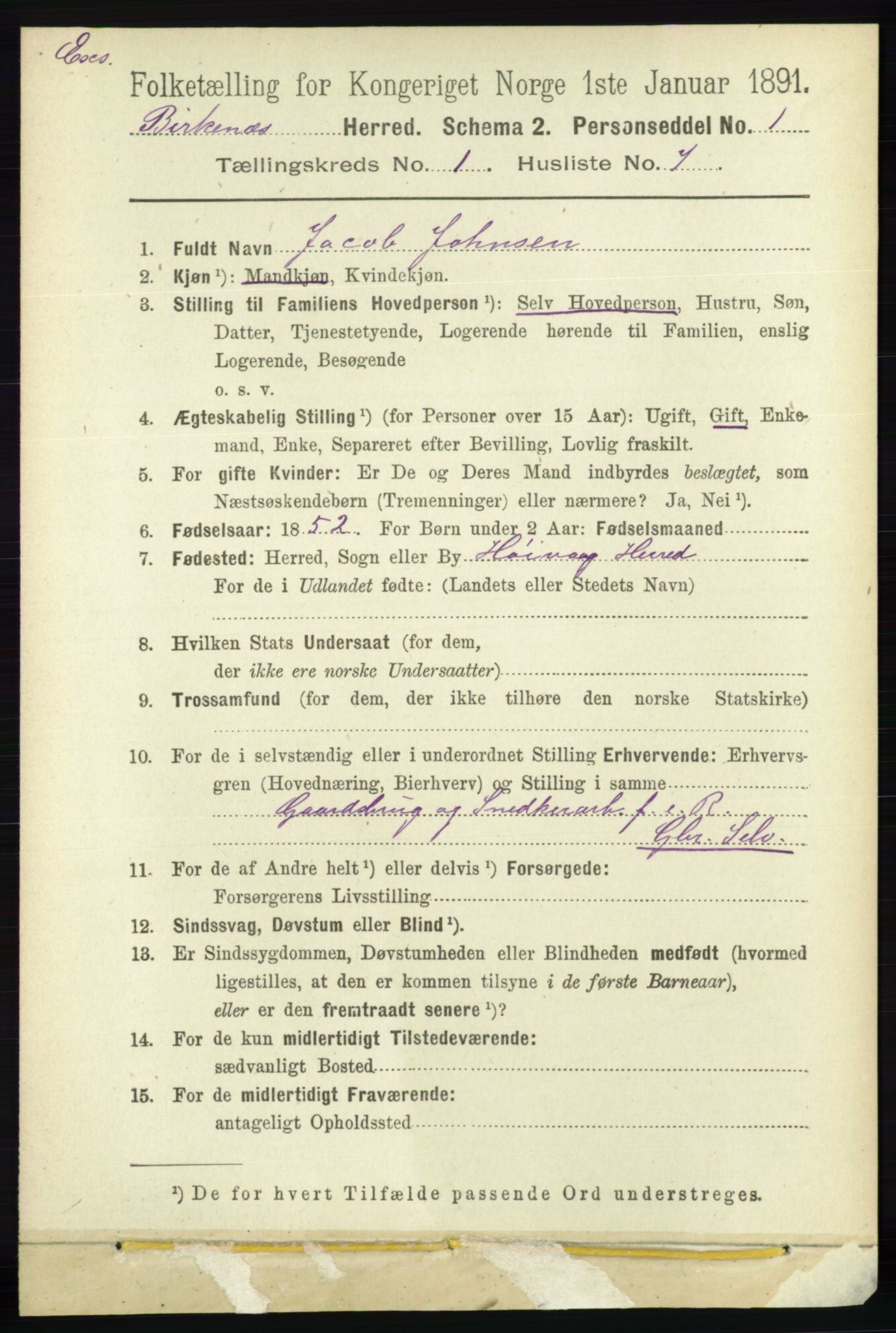 RA, Census 1891 for Nedenes amt: Gjenparter av personsedler for beslektede ektefeller, menn, 1891, p. 880