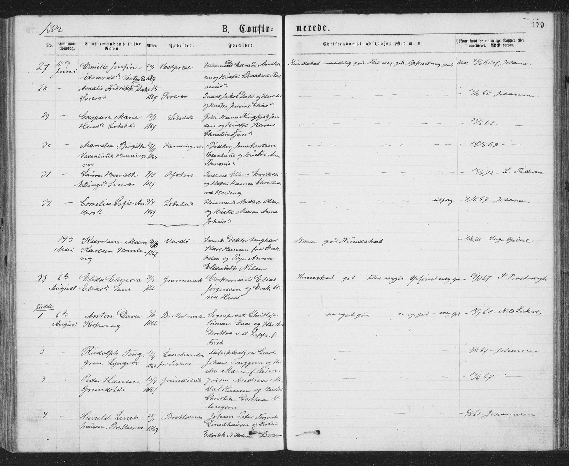 Ministerialprotokoller, klokkerbøker og fødselsregistre - Nordland, SAT/A-1459/874/L1058: Parish register (official) no. 874A02, 1878-1883, p. 179