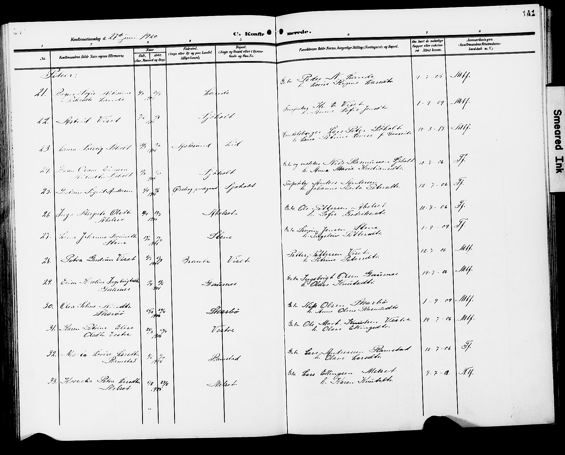 Ministerialprotokoller, klokkerbøker og fødselsregistre - Møre og Romsdal, SAT/A-1454/522/L0328: Parish register (copy) no. 522C07, 1909-1925, p. 141