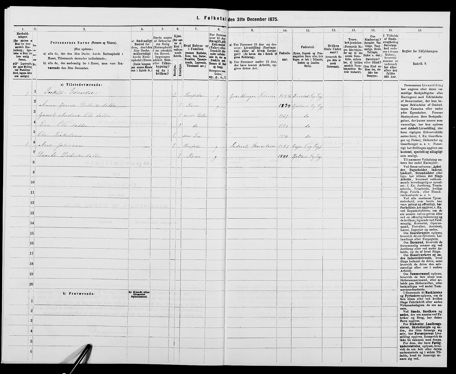 SAK, 1875 census for 1036P Fjotland, 1875, p. 302