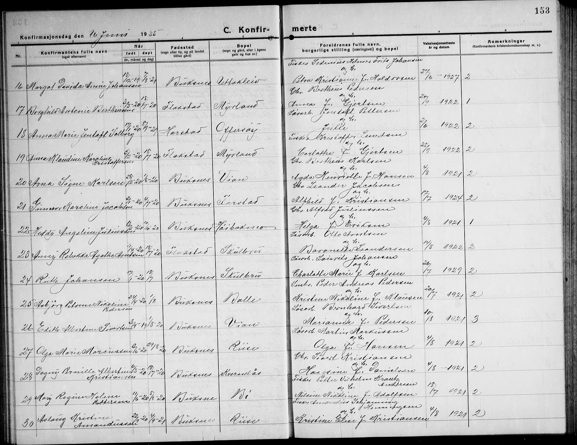 Ministerialprotokoller, klokkerbøker og fødselsregistre - Nordland, AV/SAT-A-1459/881/L1170: Parish register (copy) no. 881C07, 1930-1943, p. 153