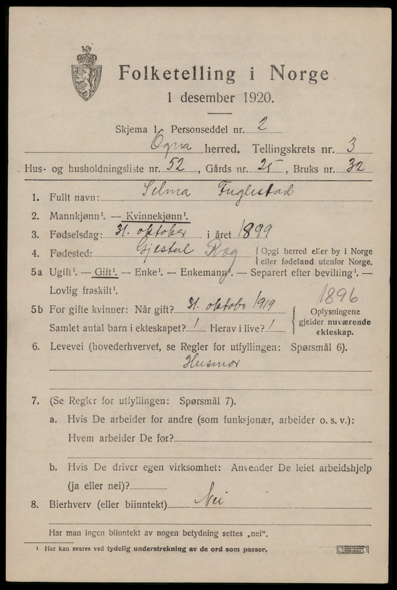 SAST, 1920 census for Ogna, 1920, p. 2443