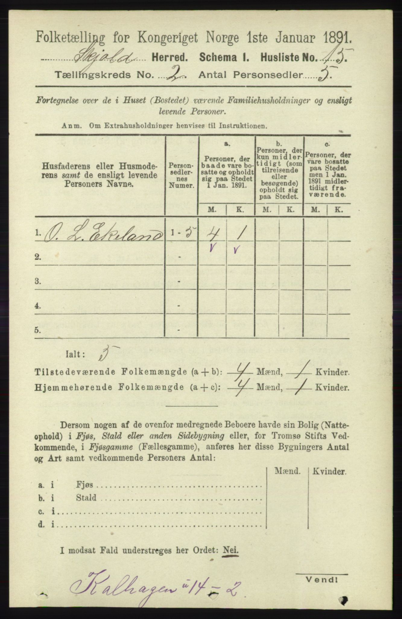 RA, 1891 census for 1154 Skjold, 1891, p. 279