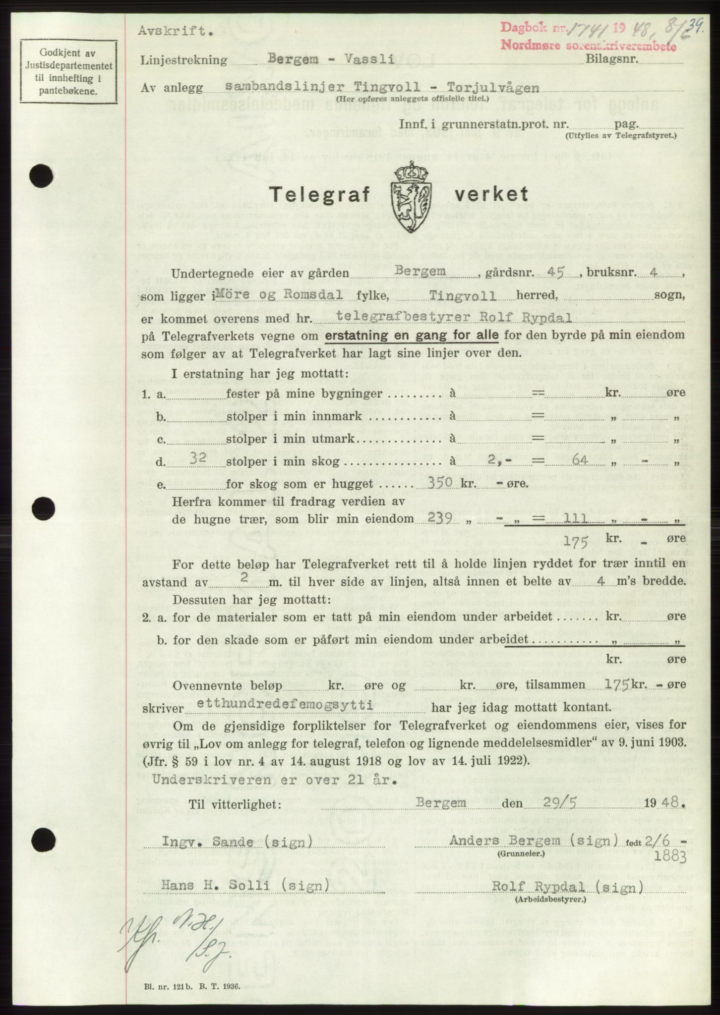 Nordmøre sorenskriveri, AV/SAT-A-4132/1/2/2Ca: Mortgage book no. B99, 1948-1948, Diary no: : 1741/1948