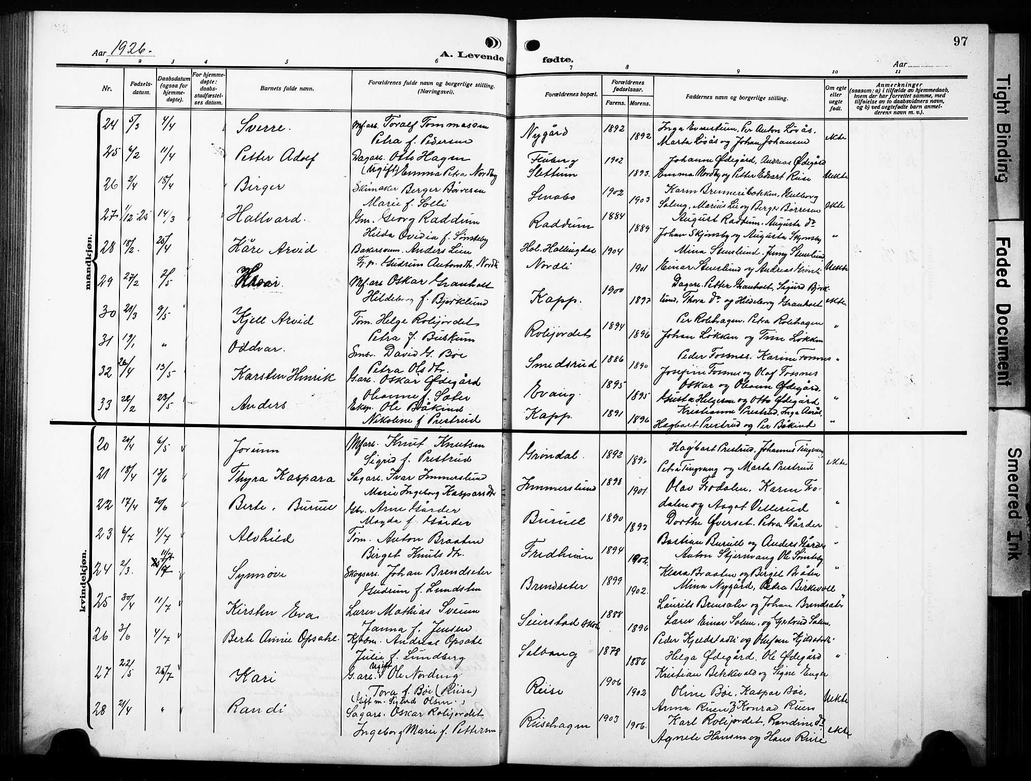 Østre Toten prestekontor, AV/SAH-PREST-104/H/Ha/Hab/L0010: Parish register (copy) no. 10, 1912-1933, p. 97