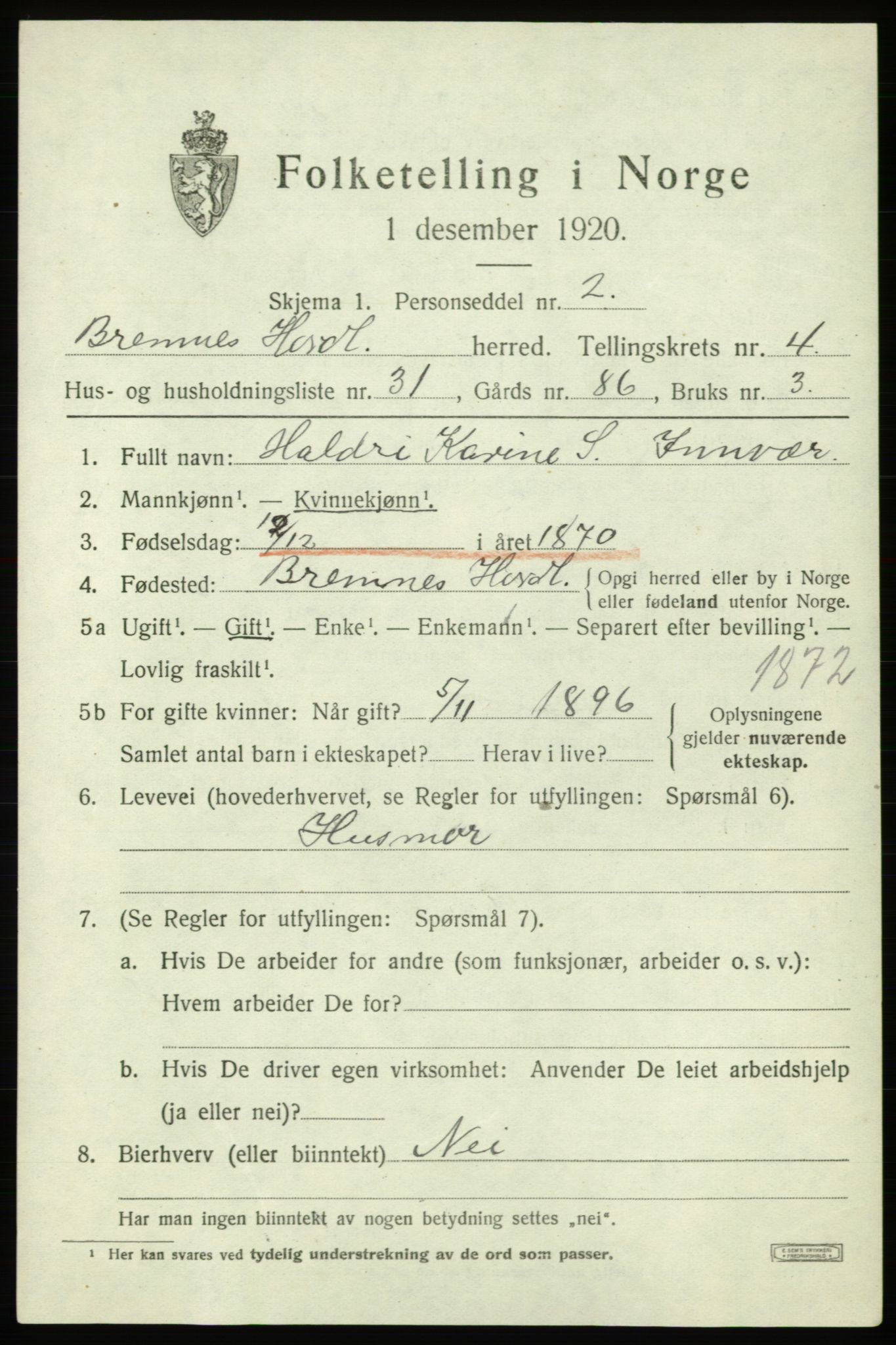 SAB, 1920 census for Bremnes, 1920, p. 2196