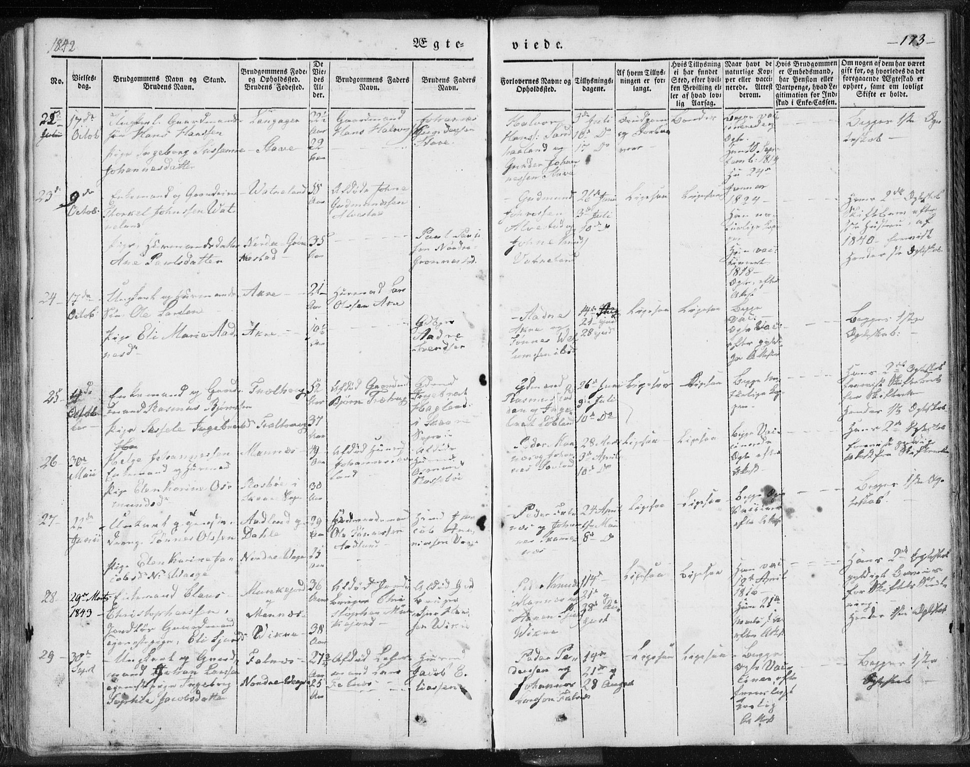 Skudenes sokneprestkontor, SAST/A -101849/H/Ha/Haa/L0002: Parish register (official) no. A 2.1, 1841-1846, p. 173