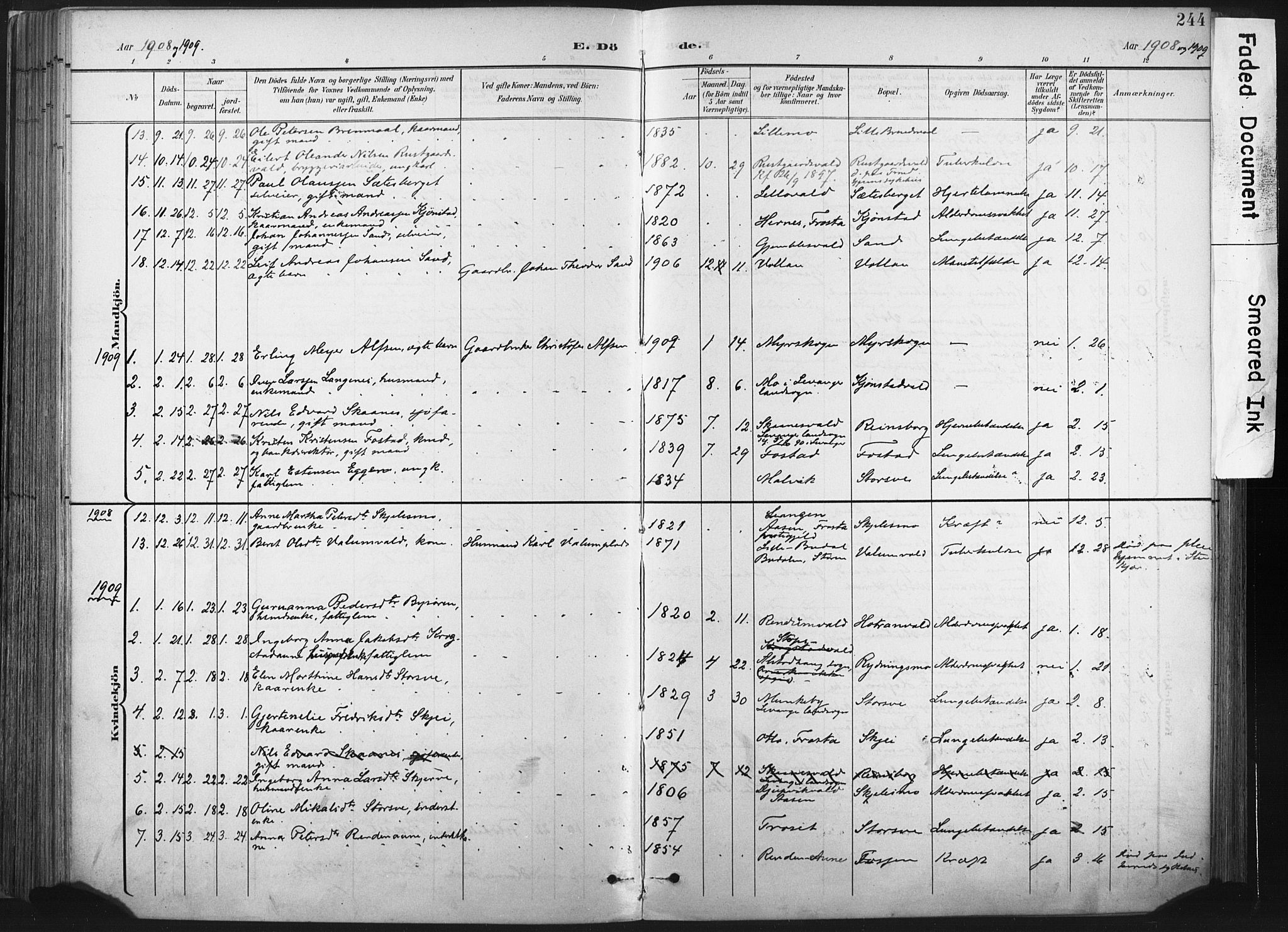 Ministerialprotokoller, klokkerbøker og fødselsregistre - Nord-Trøndelag, AV/SAT-A-1458/717/L0162: Parish register (official) no. 717A12, 1898-1923, p. 244