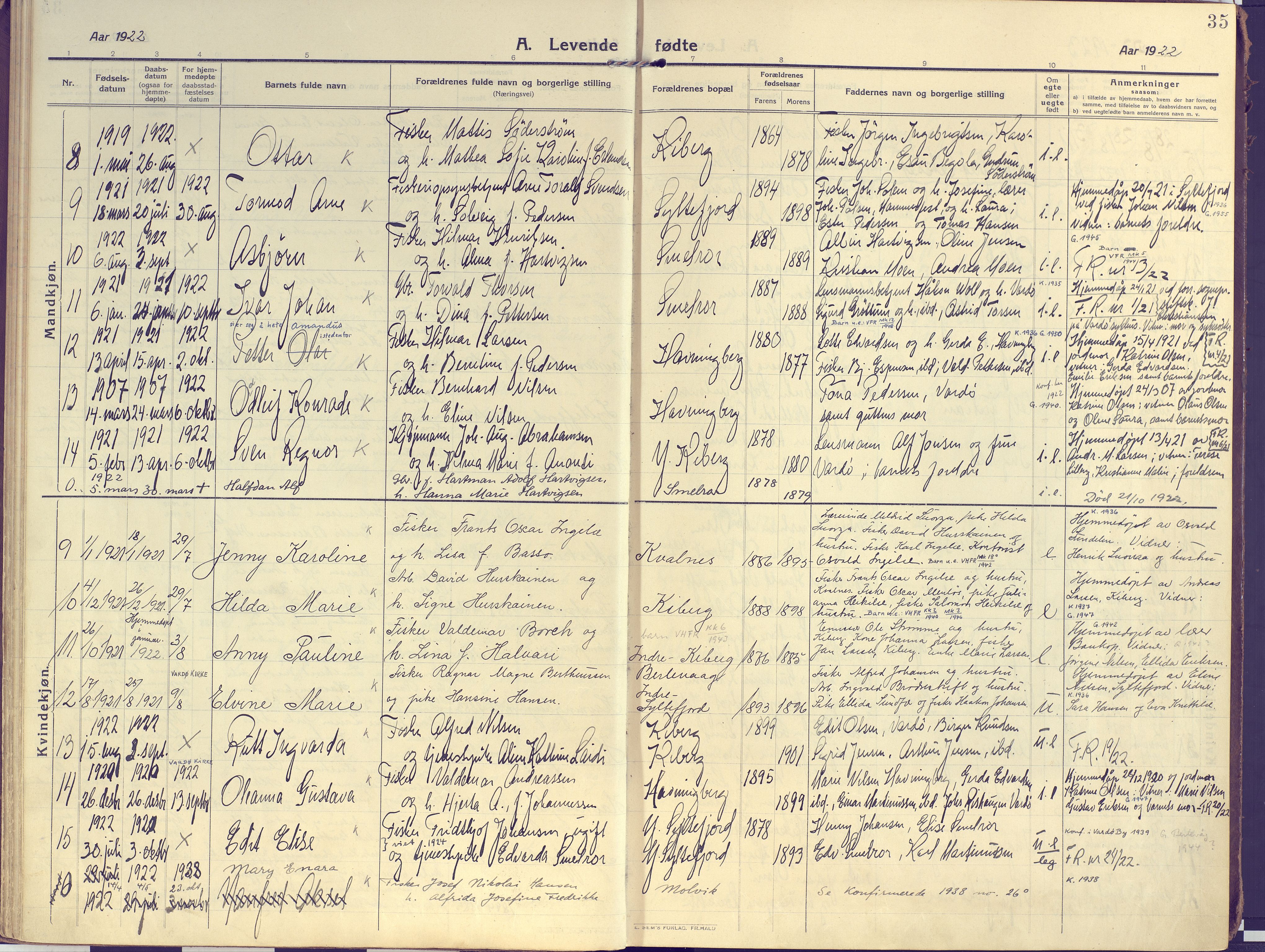 Vardø sokneprestkontor, SATØ/S-1332/H/Ha/L0013kirke: Parish register (official) no. 13, 1912-1928, p. 35