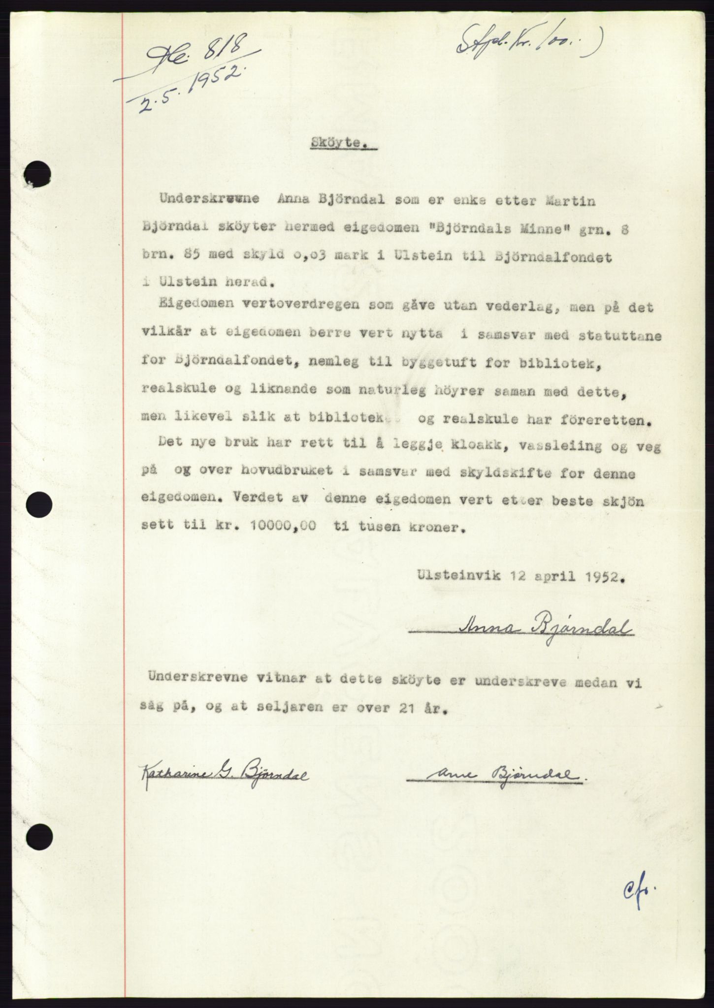 Søre Sunnmøre sorenskriveri, AV/SAT-A-4122/1/2/2C/L0092: Mortgage book no. 18A, 1952-1952, Diary no: : 818/1952