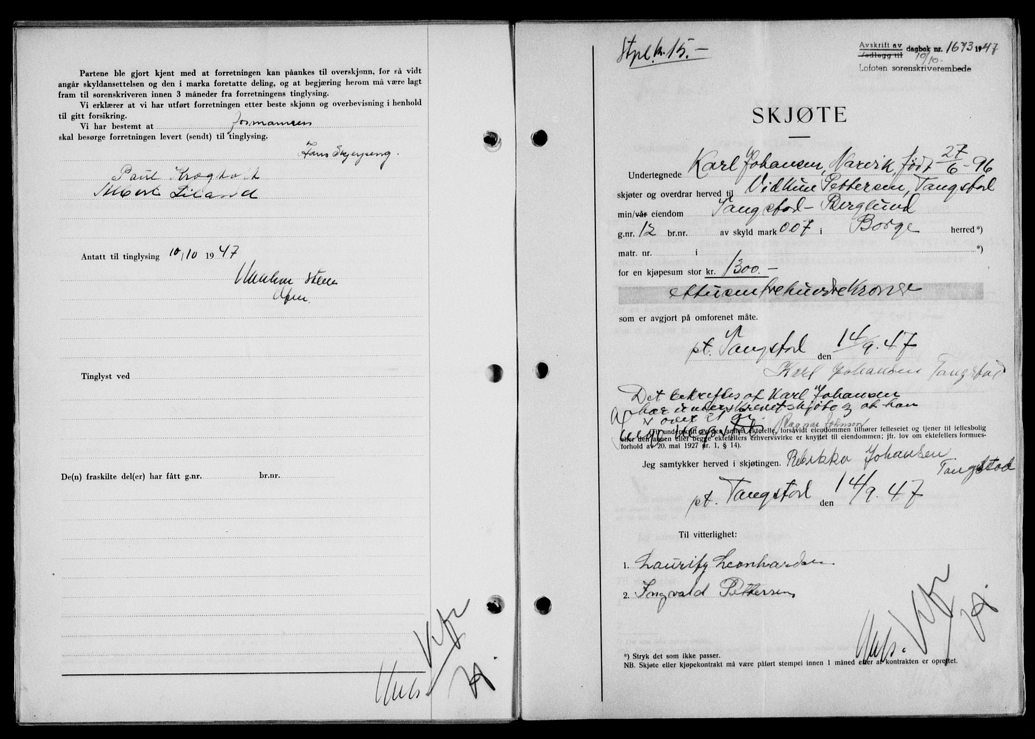 Lofoten sorenskriveri, SAT/A-0017/1/2/2C/L0017a: Mortgage book no. 17a, 1947-1948, Diary no: : 1673/1947