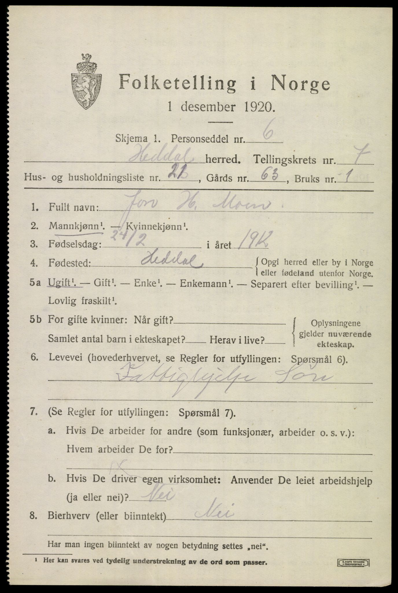 SAKO, 1920 census for Heddal, 1920, p. 5654