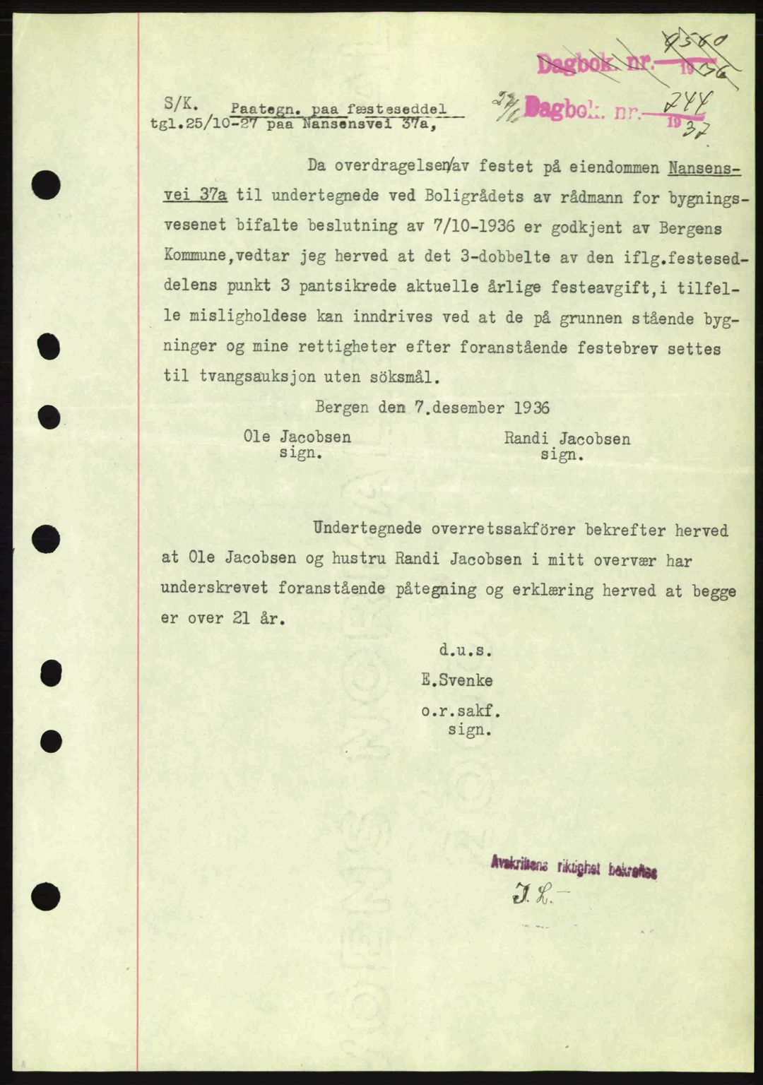 Byfogd og Byskriver i Bergen, AV/SAB-A-3401/03/03Bc/L0004: Mortgage book no. A3-4, 1936-1937, Diary no: : 744/1937