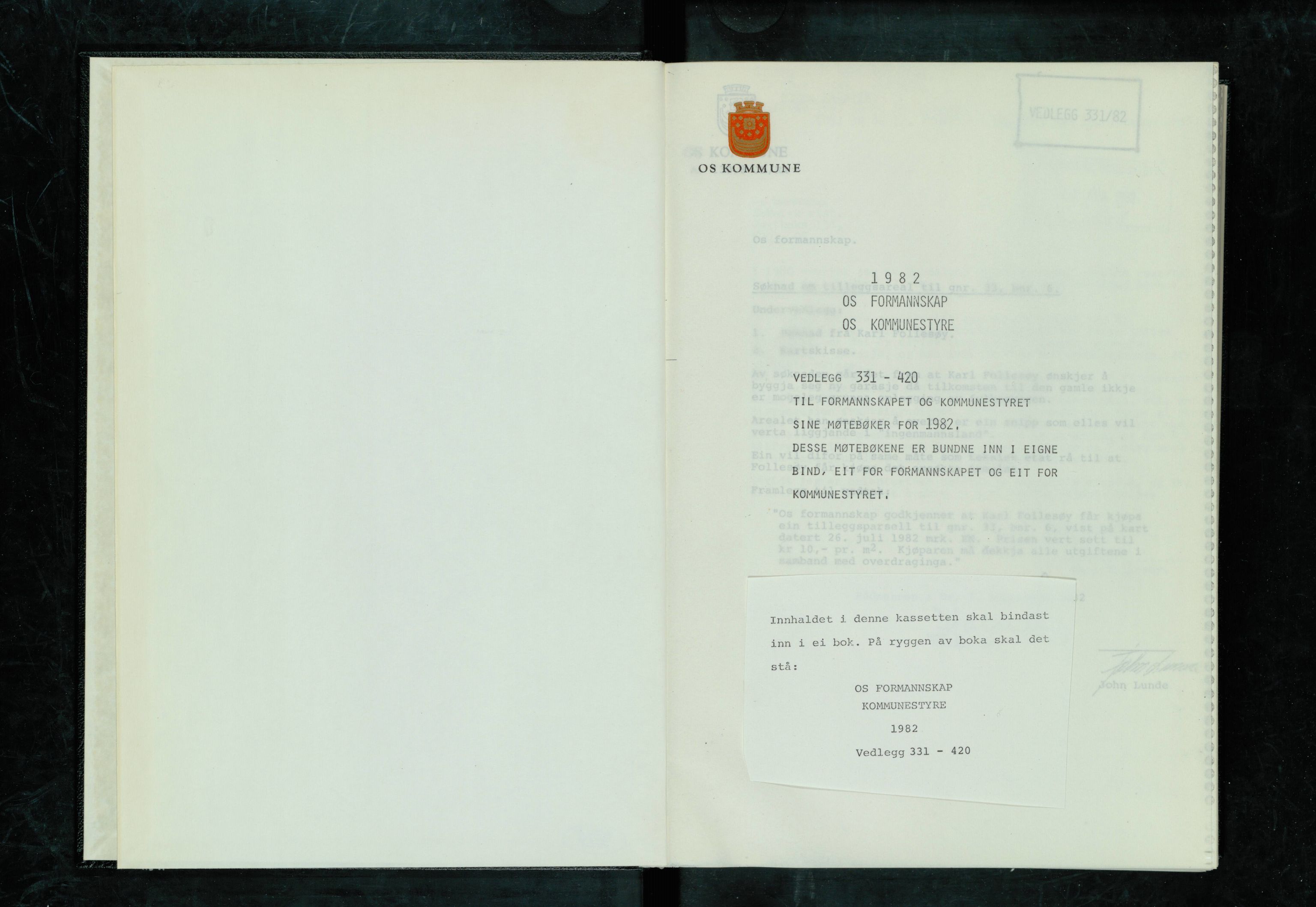 Os kommune. Formannskapet, IKAH/1243-021/A/Ad/L0049: Protokoll over saksvedlegg til møtebøker for formannskapet og kommunestyret. Vedlegg 331-420, 1982