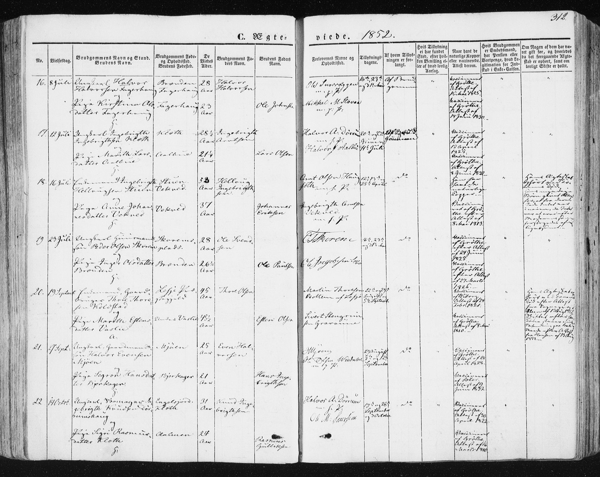 Ministerialprotokoller, klokkerbøker og fødselsregistre - Sør-Trøndelag, AV/SAT-A-1456/678/L0899: Parish register (official) no. 678A08, 1848-1872, p. 312