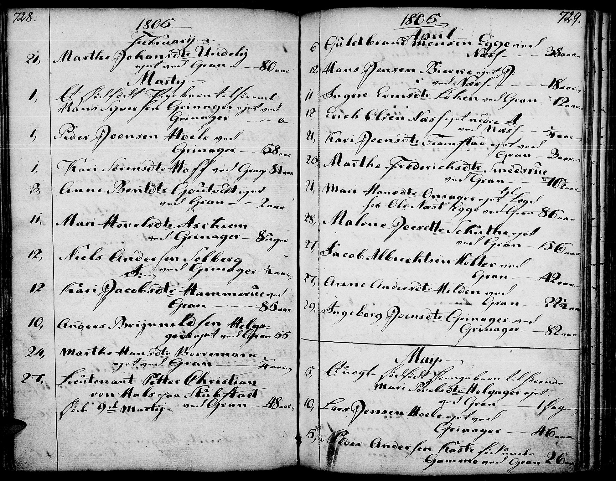 Gran prestekontor, SAH/PREST-112/H/Ha/Haa/L0006: Parish register (official) no. 6, 1787-1824, p. 728-729