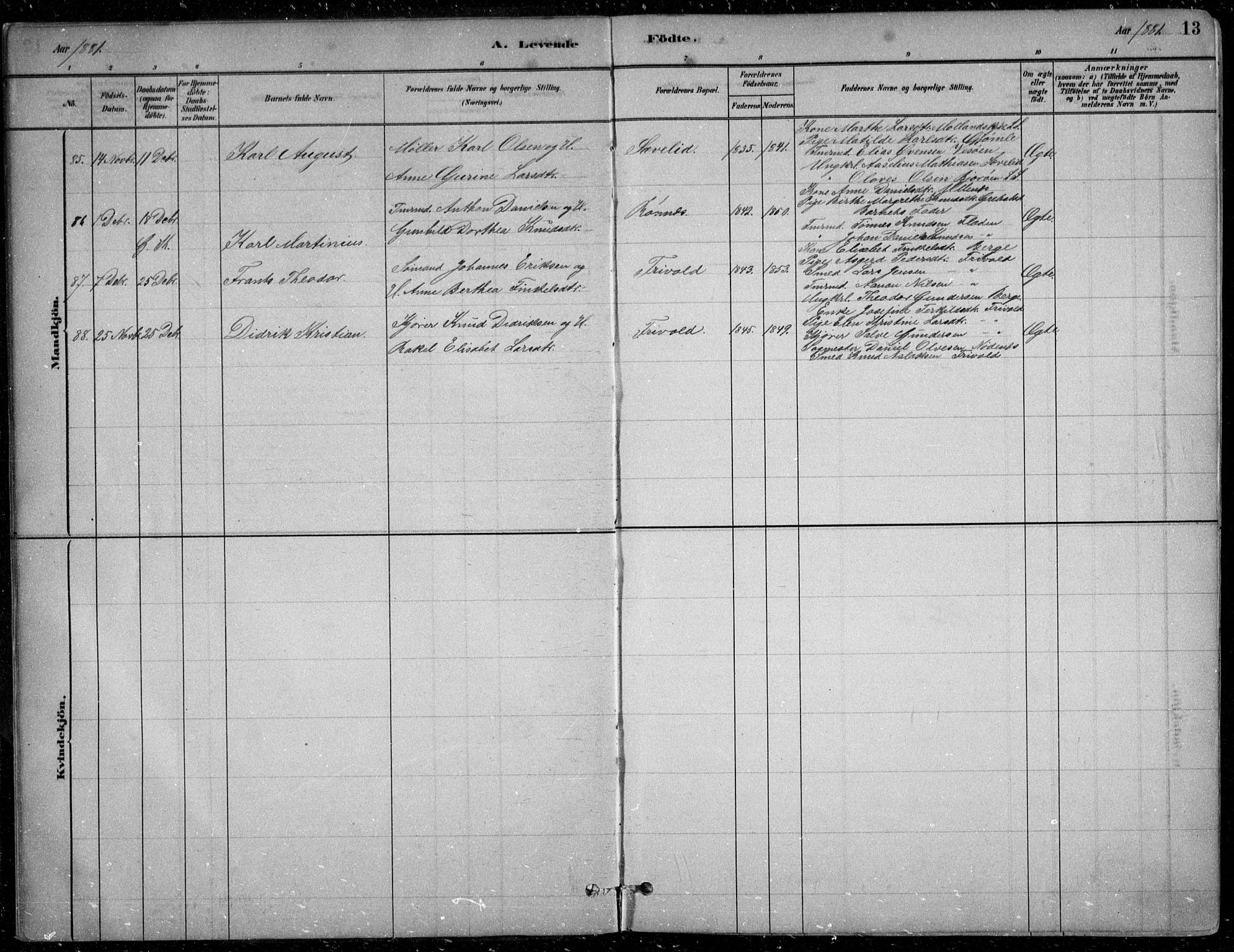 Fjære sokneprestkontor, AV/SAK-1111-0011/F/Fb/L0011: Parish register (copy) no. B 11, 1881-1905, p. 13