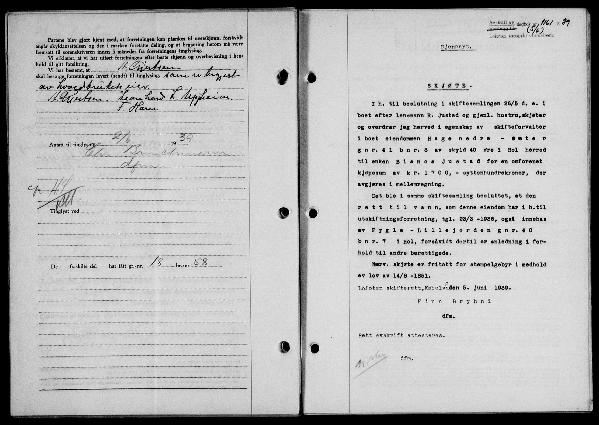 Lofoten sorenskriveri, SAT/A-0017/1/2/2C/L0005a: Mortgage book no. 5a, 1939-1939, Diary no: : 1161/1939