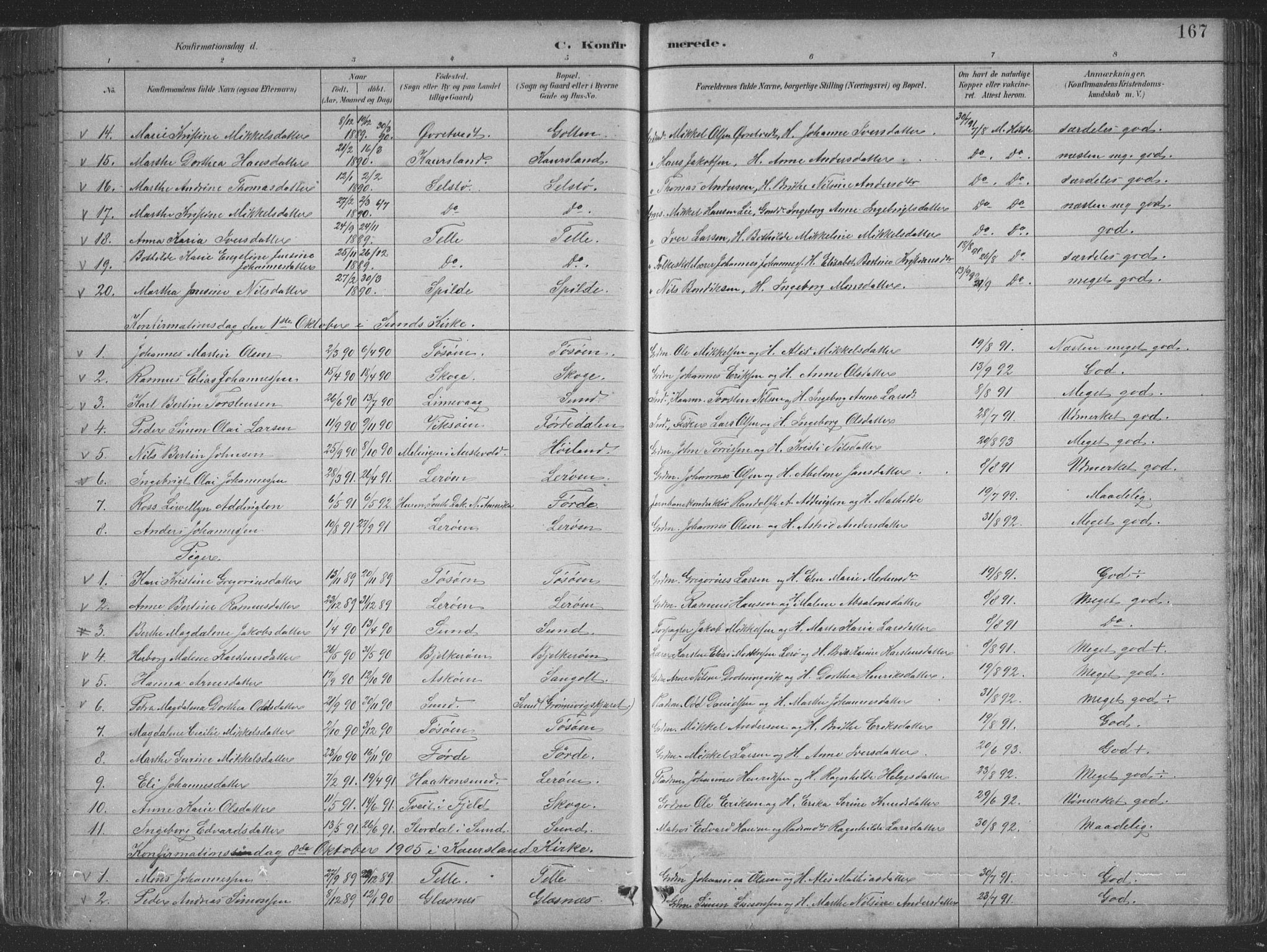 Sund sokneprestembete, SAB/A-99930: Parish register (copy) no. B 3, 1882-1911, p. 167