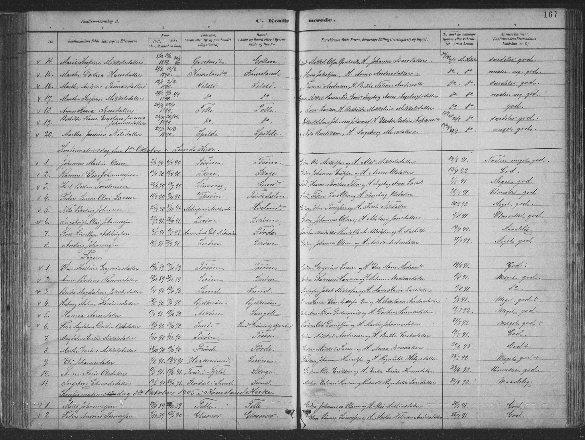 Sund sokneprestembete, AV/SAB-A-99930: Parish register (copy) no. B 3, 1882-1911, p. 167