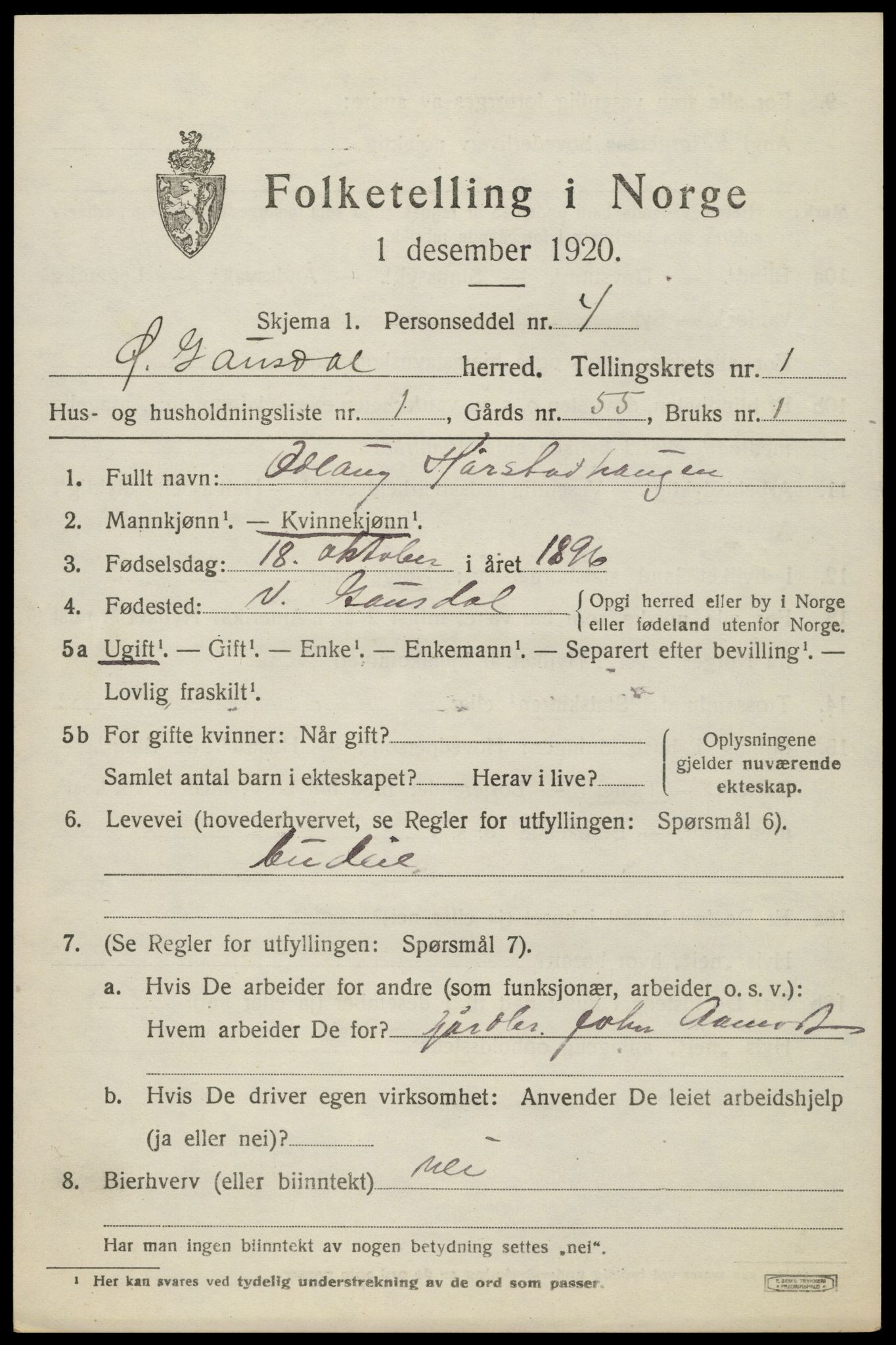 SAH, 1920 census for Østre Gausdal, 1920, p. 1012