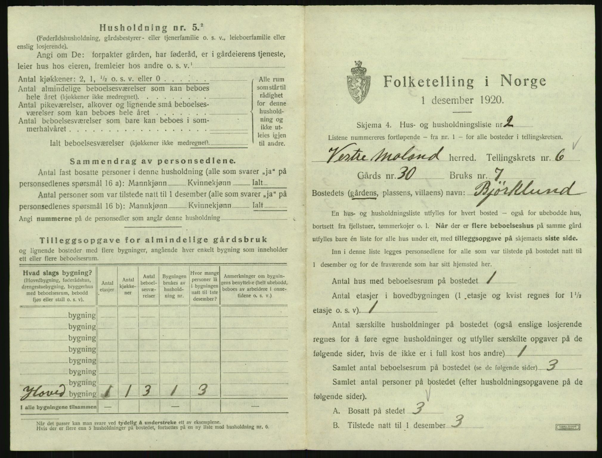 SAK, 1920 census for Vestre Moland, 1920, p. 821