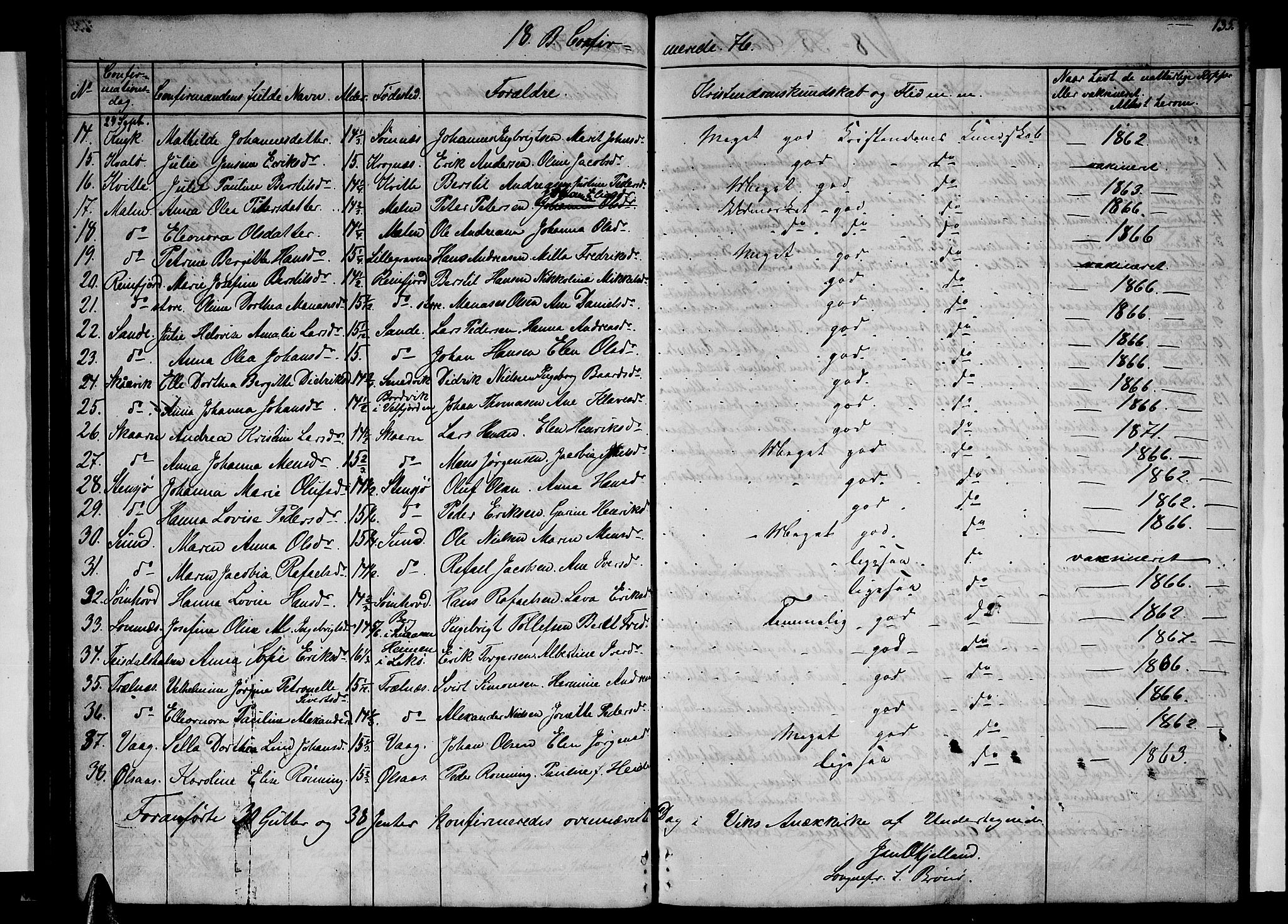 Ministerialprotokoller, klokkerbøker og fødselsregistre - Nordland, AV/SAT-A-1459/812/L0187: Parish register (copy) no. 812C05, 1850-1883, p. 135