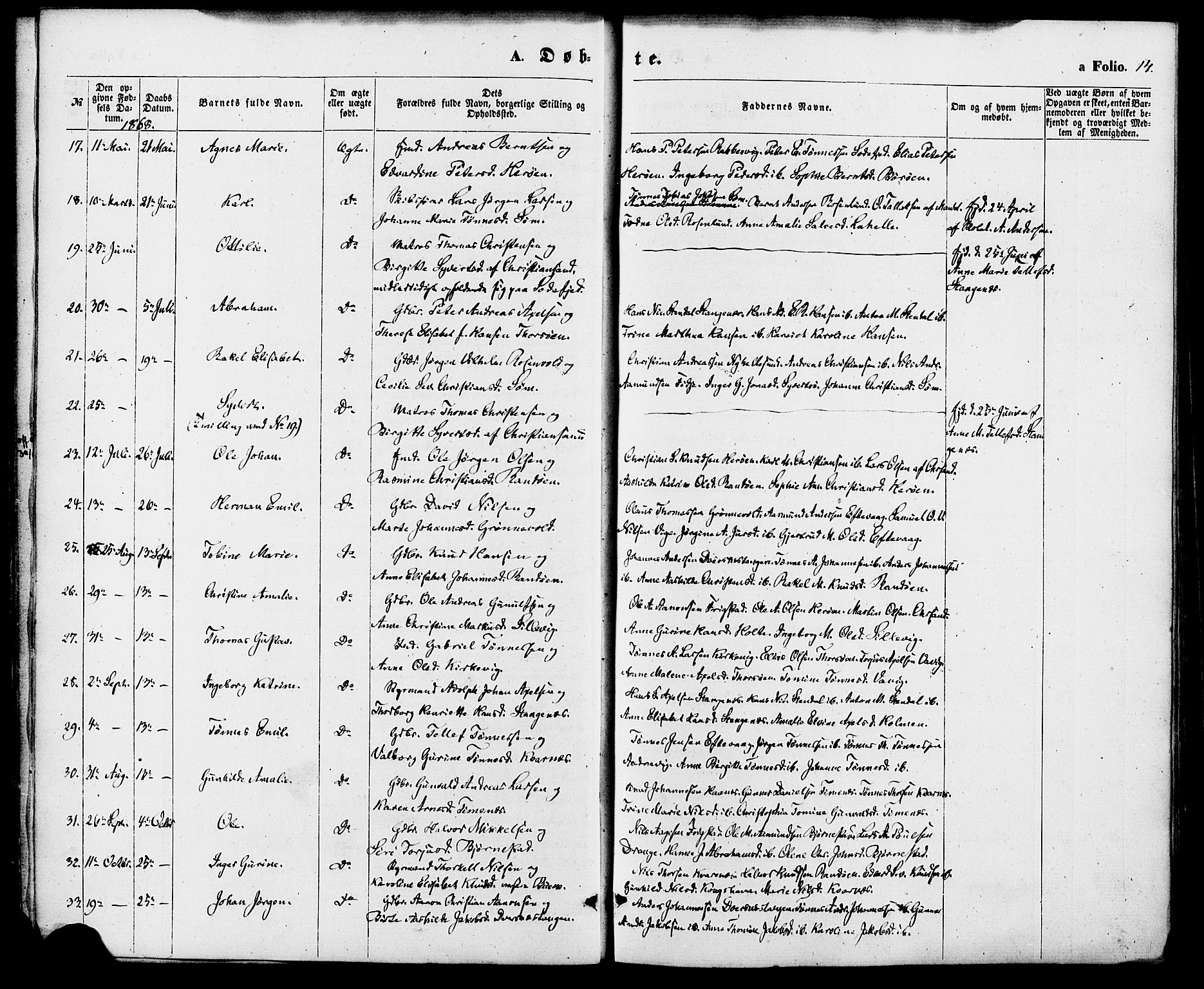 Oddernes sokneprestkontor, SAK/1111-0033/F/Fa/Fab/L0001: Parish register (official) no. A 1, 1865-1884, p. 14