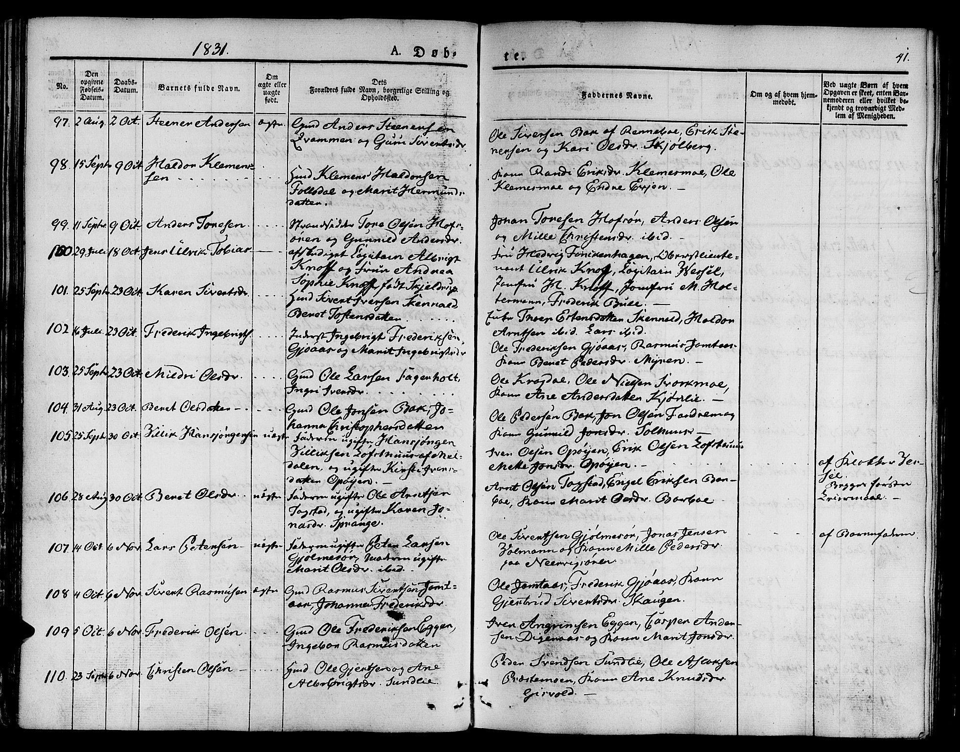 Ministerialprotokoller, klokkerbøker og fødselsregistre - Sør-Trøndelag, SAT/A-1456/668/L0804: Parish register (official) no. 668A04, 1826-1839, p. 41