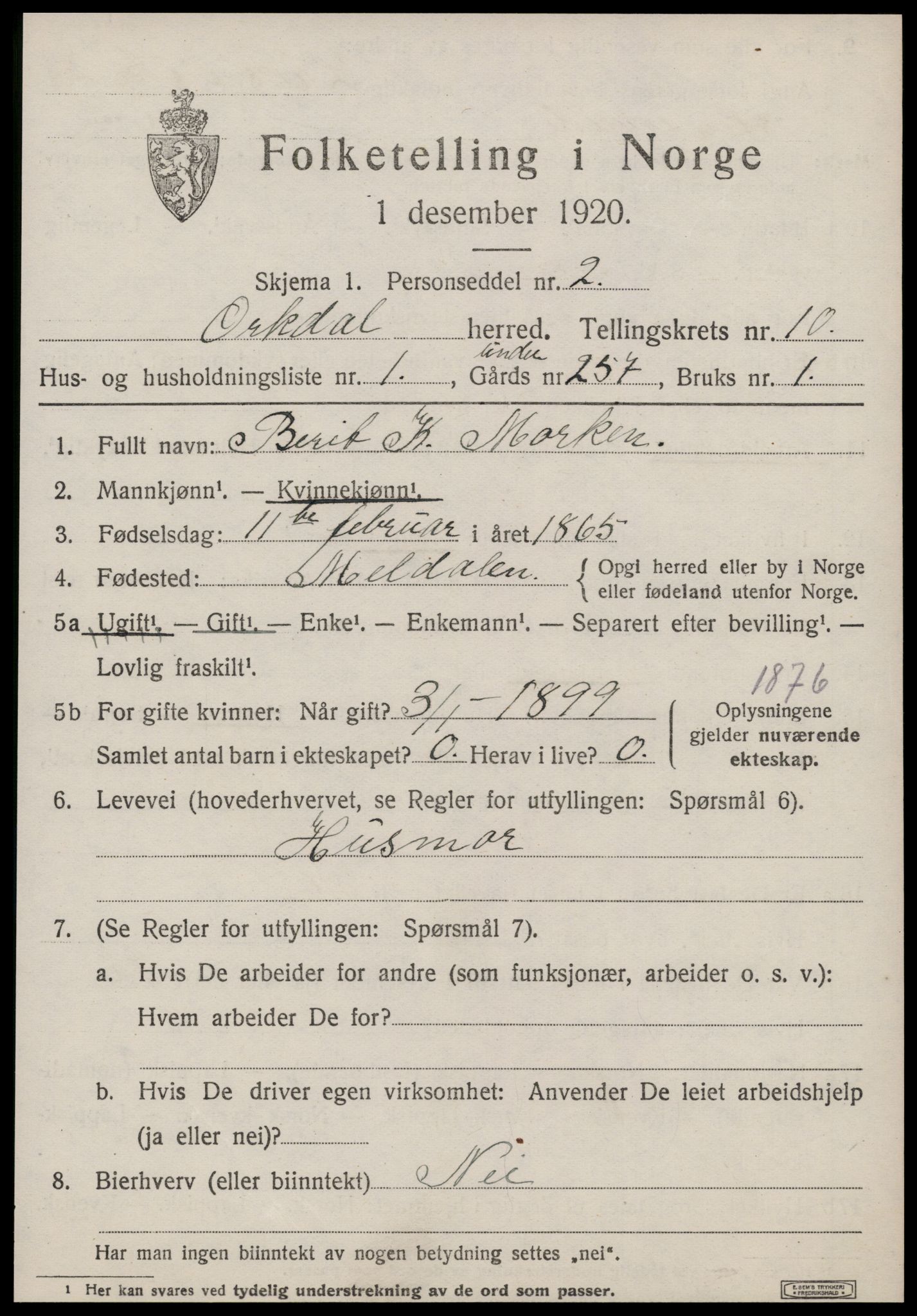 SAT, 1920 census for Orkdal, 1920, p. 7254