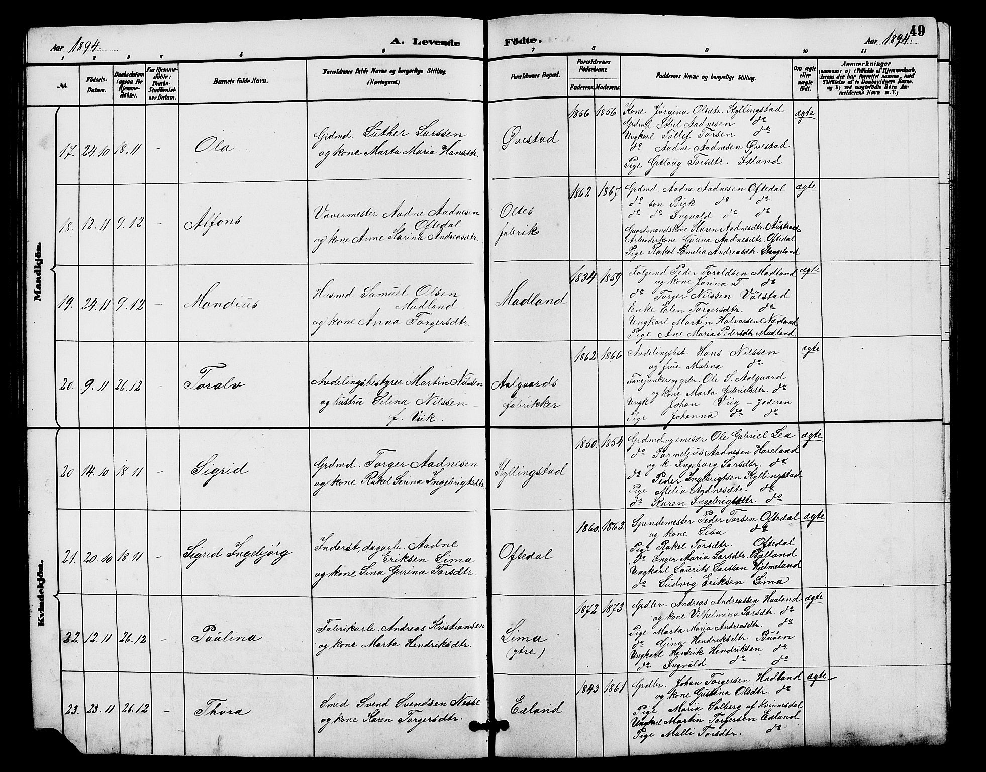 Lye sokneprestkontor, AV/SAST-A-101794/001/30BB/L0008: Parish register (copy) no. B 7, 1887-1901, p. 49