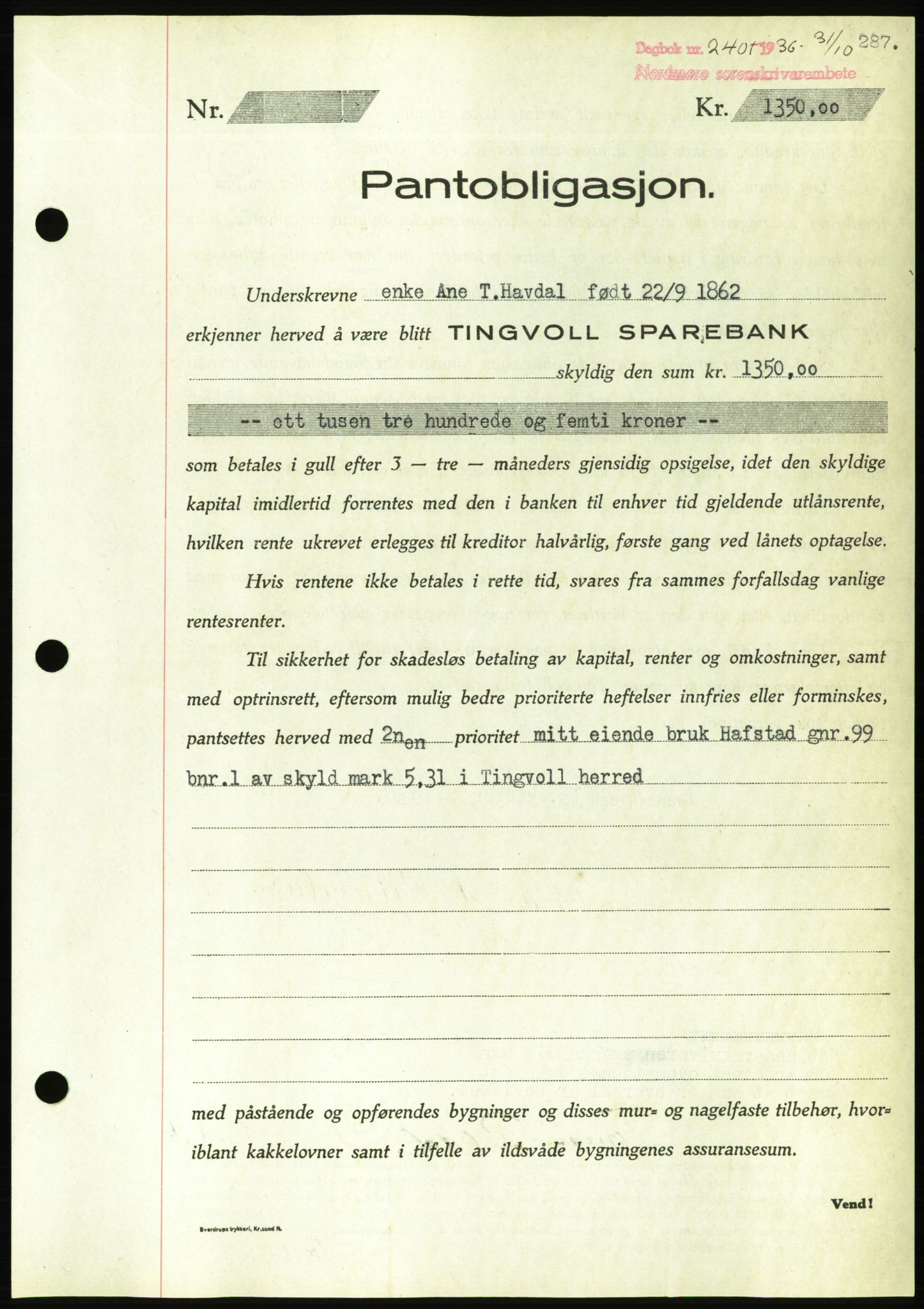 Nordmøre sorenskriveri, AV/SAT-A-4132/1/2/2Ca/L0090: Mortgage book no. B80, 1936-1937, Diary no: : 2401/1936