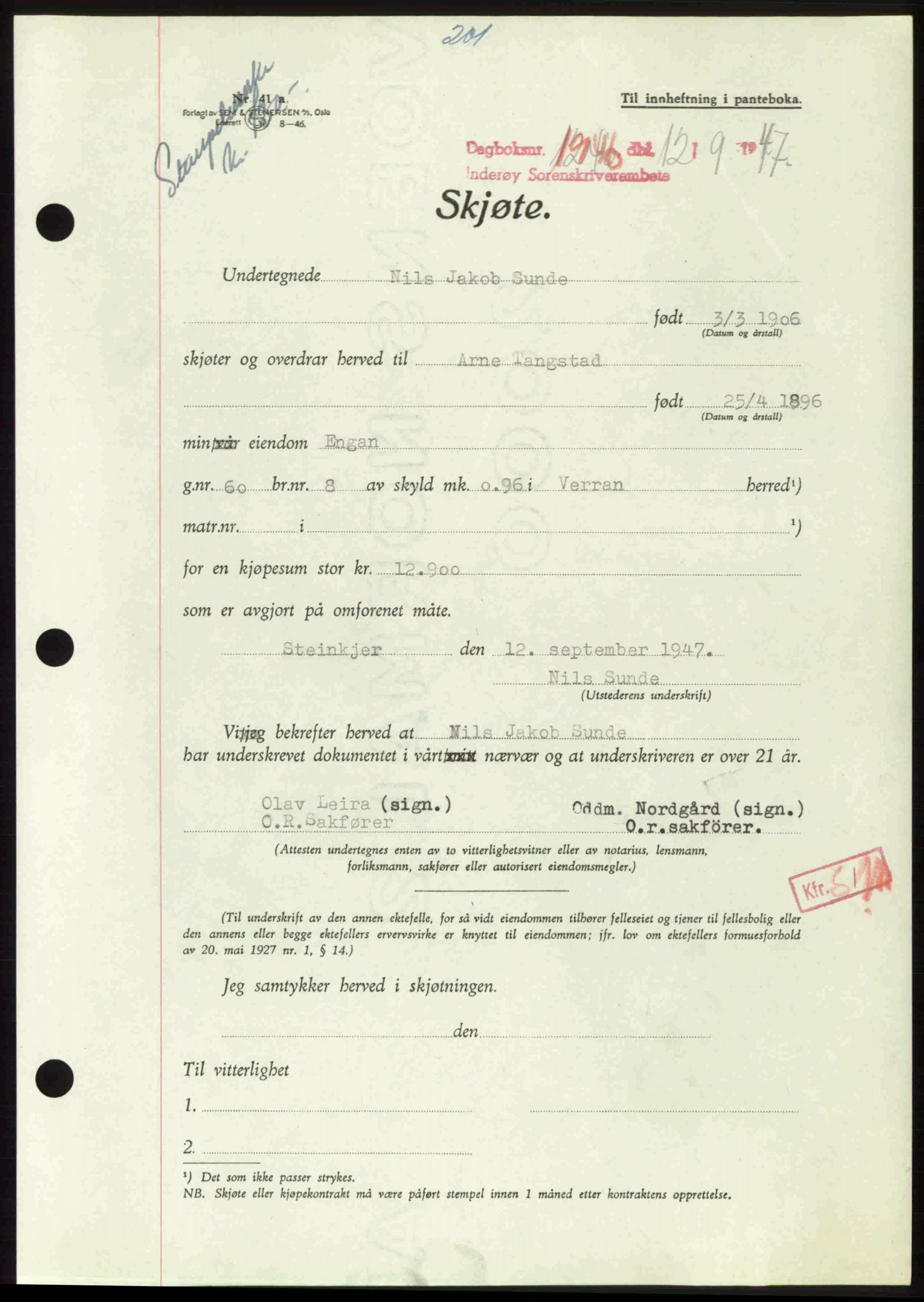 Inderøy sorenskriveri, AV/SAT-A-4147/1/2/2C: Mortgage book no. A 16, 1947-1948, Diary no: : 1946/1947