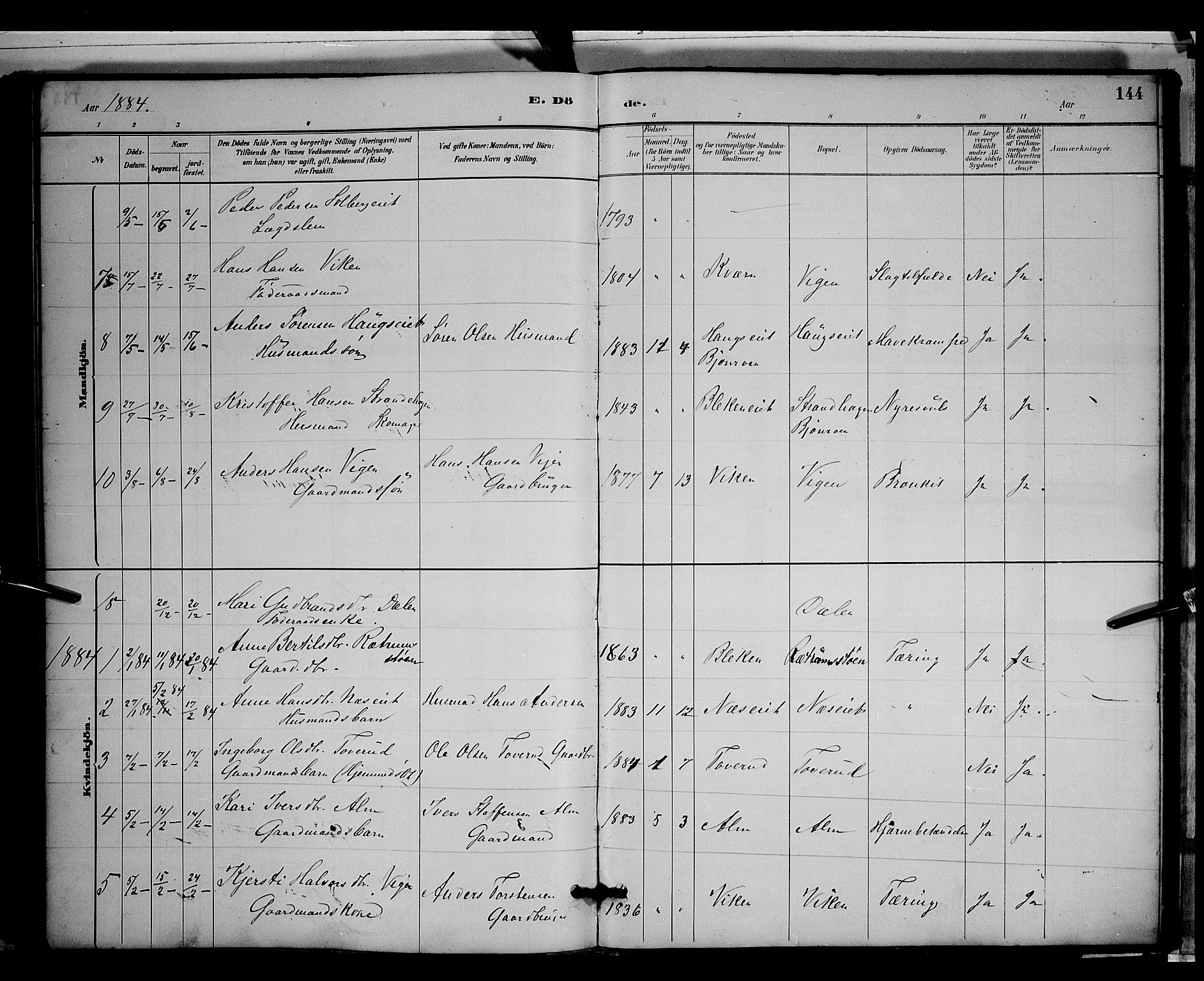 Gran prestekontor, SAH/PREST-112/H/Ha/Hab/L0003: Parish register (copy) no. 3, 1882-1890, p. 144