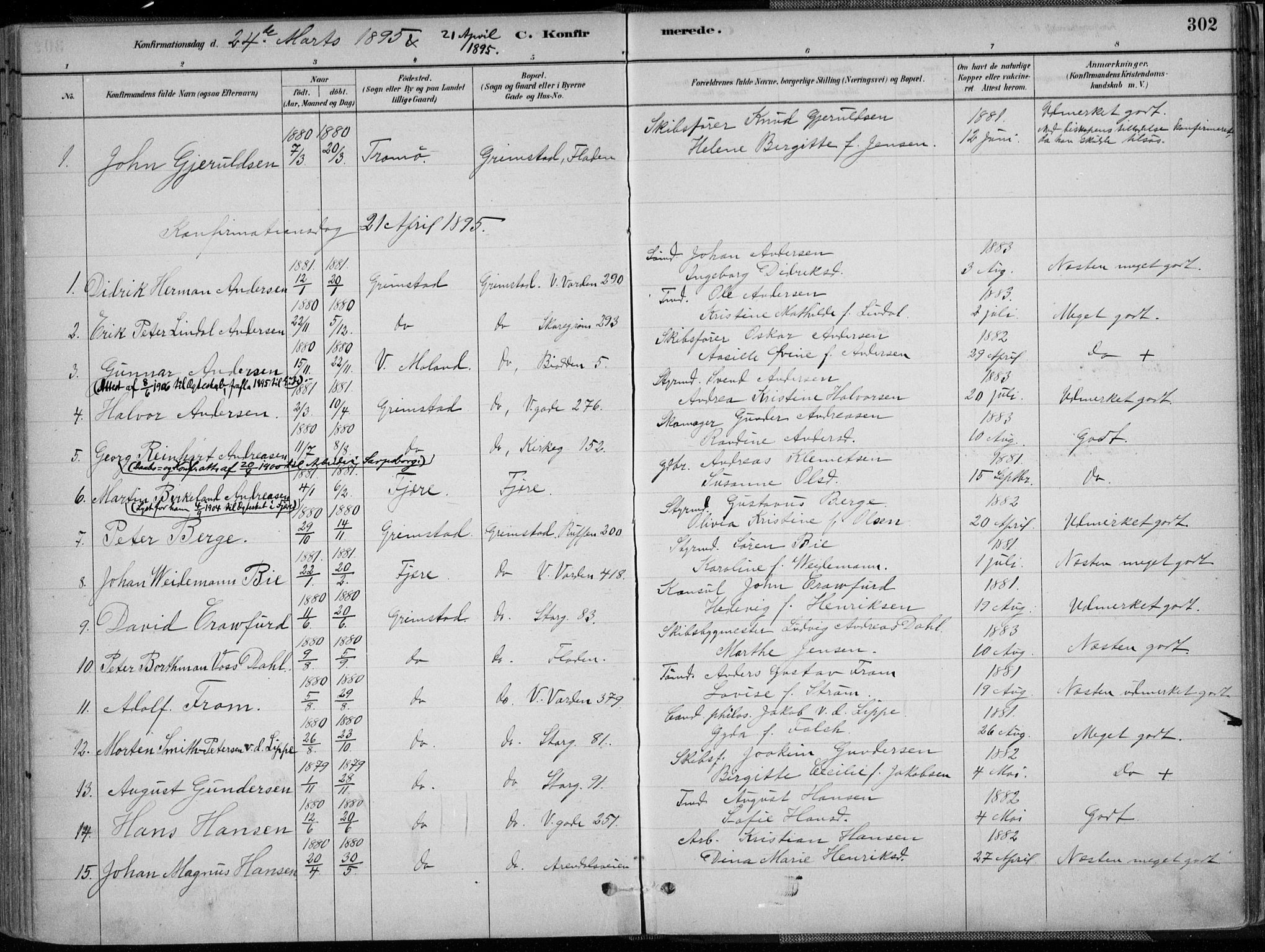 Grimstad sokneprestkontor, SAK/1111-0017/F/Fa/L0003: Parish register (official) no. A 2, 1882-1912, p. 302