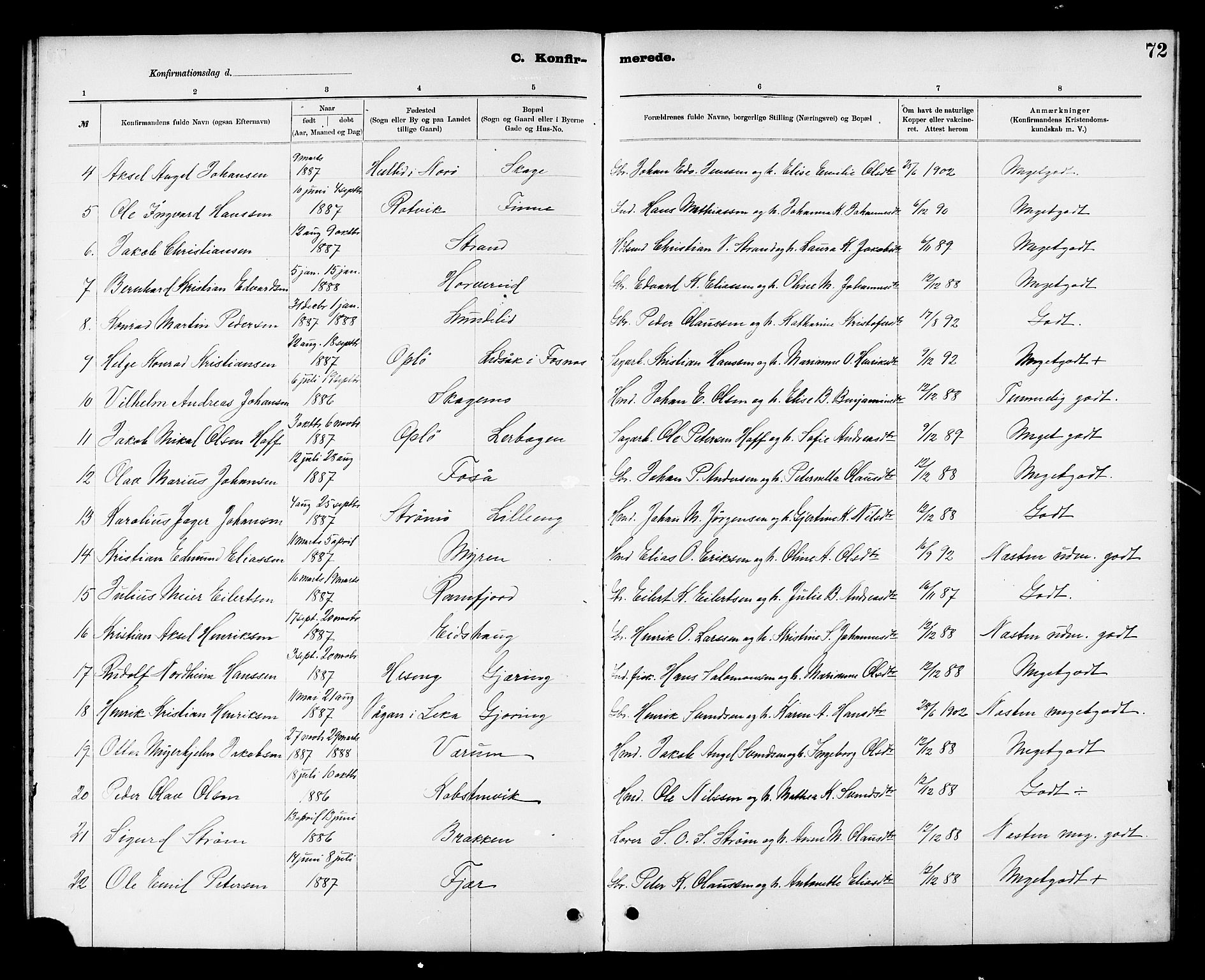 Ministerialprotokoller, klokkerbøker og fødselsregistre - Nord-Trøndelag, AV/SAT-A-1458/780/L0652: Parish register (copy) no. 780C04, 1899-1911, p. 72