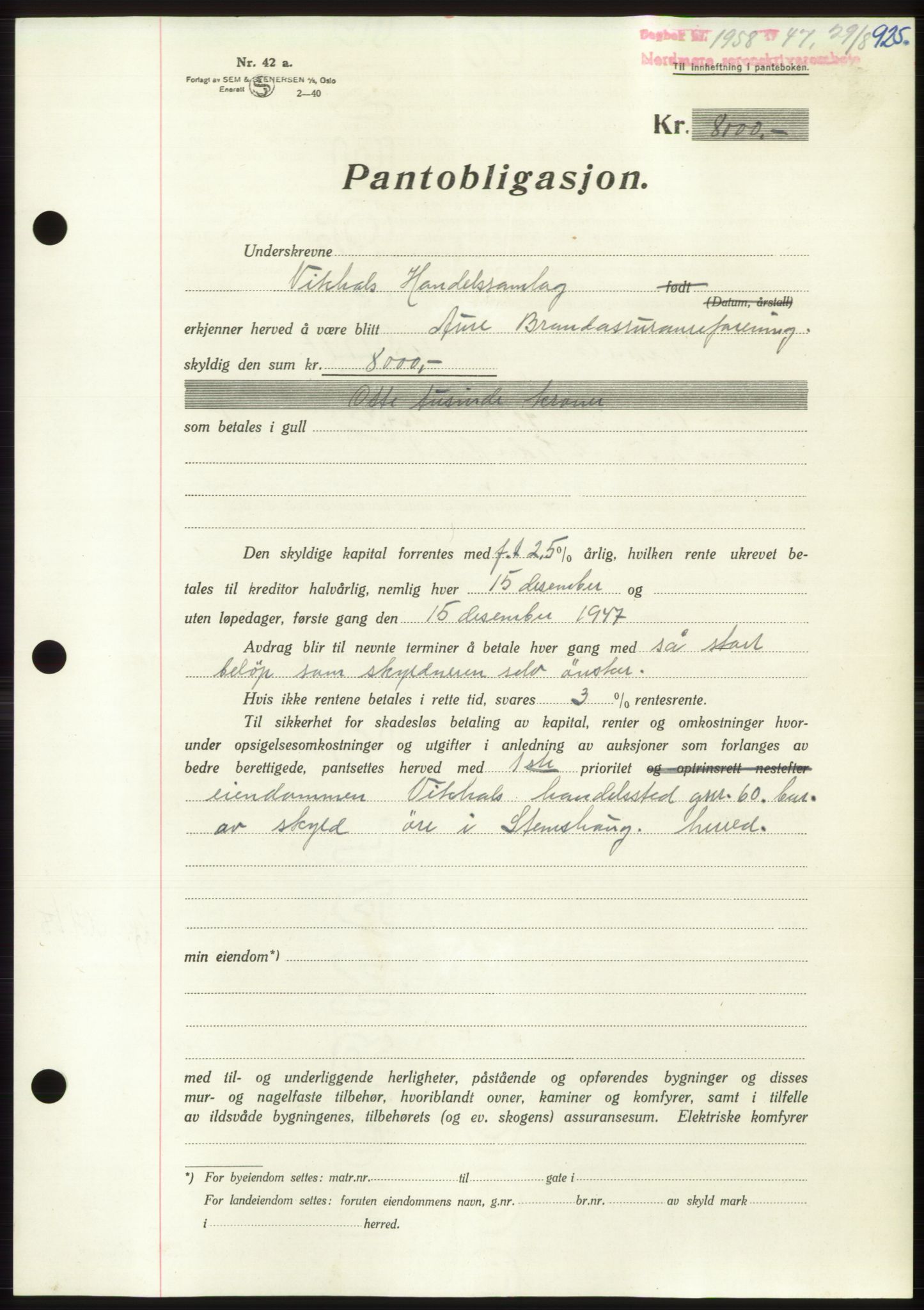 Nordmøre sorenskriveri, AV/SAT-A-4132/1/2/2Ca: Mortgage book no. B96, 1947-1947, Diary no: : 1958/1947