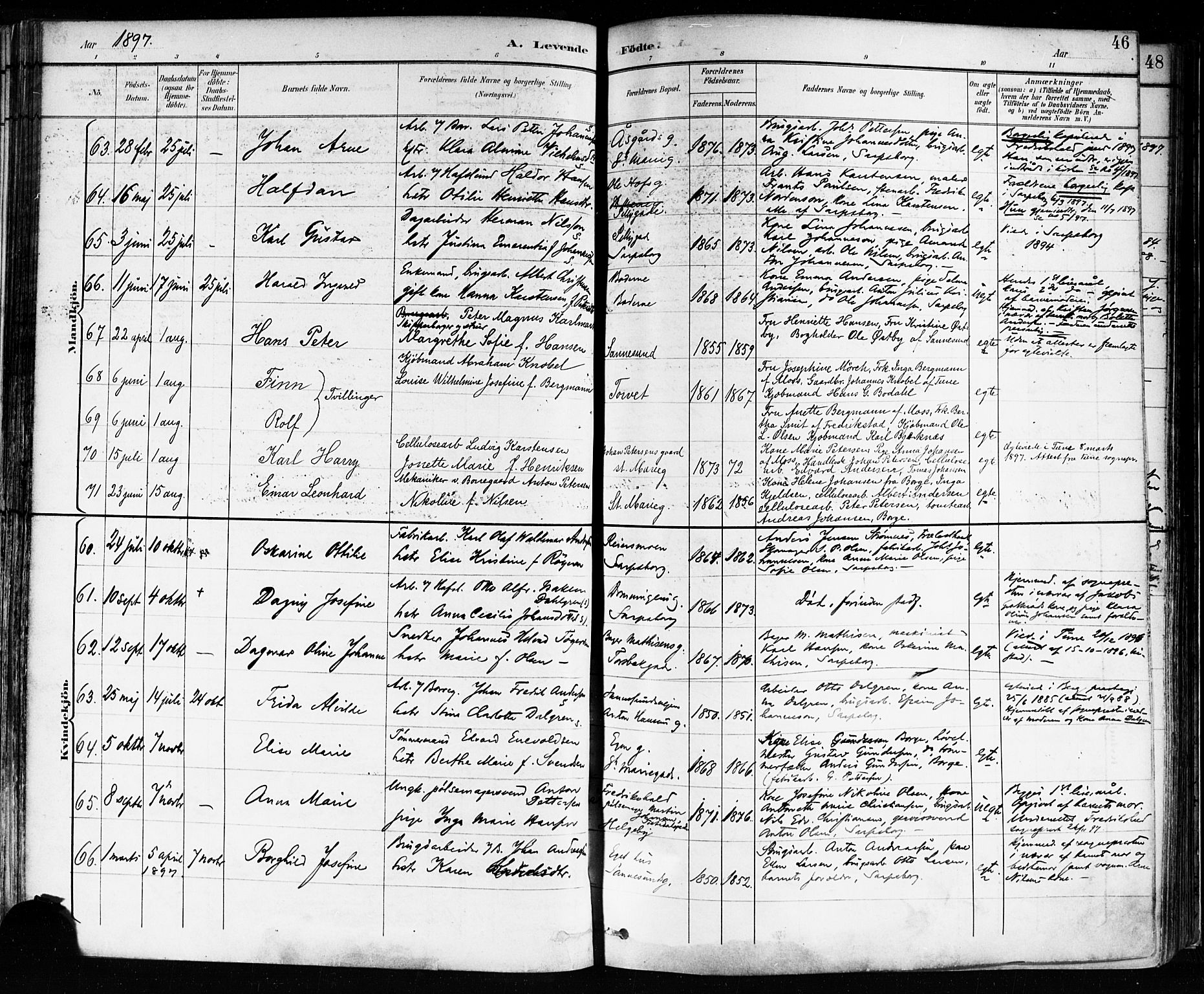 Sarpsborg prestekontor Kirkebøker, AV/SAO-A-2006/F/Fa/L0004: Parish register (official) no. 4, 1892-1899, p. 46