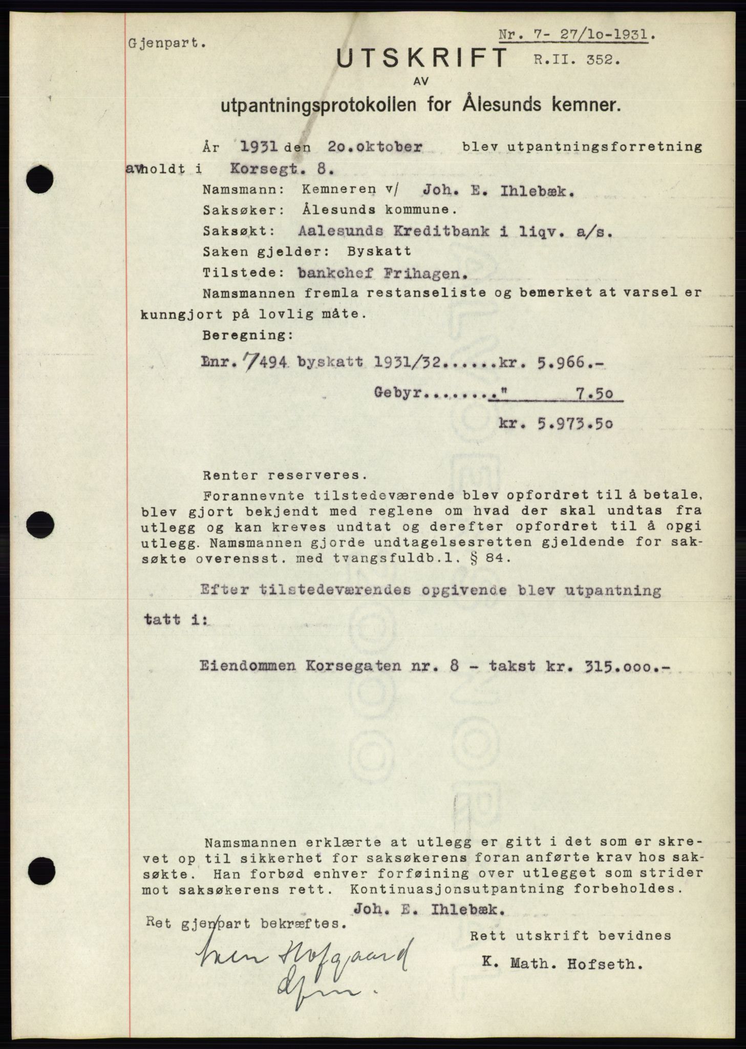 Ålesund byfogd, AV/SAT-A-4384: Mortgage book no. 29, 1931-1932, Deed date: 27.10.1931