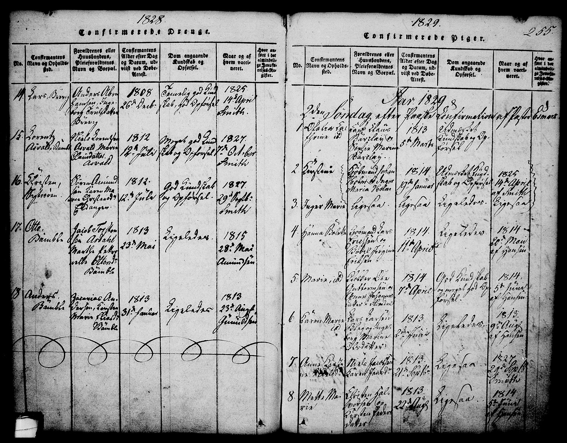 Brevik kirkebøker, AV/SAKO-A-255/G/Ga/L0001: Parish register (copy) no. 1, 1814-1845, p. 255