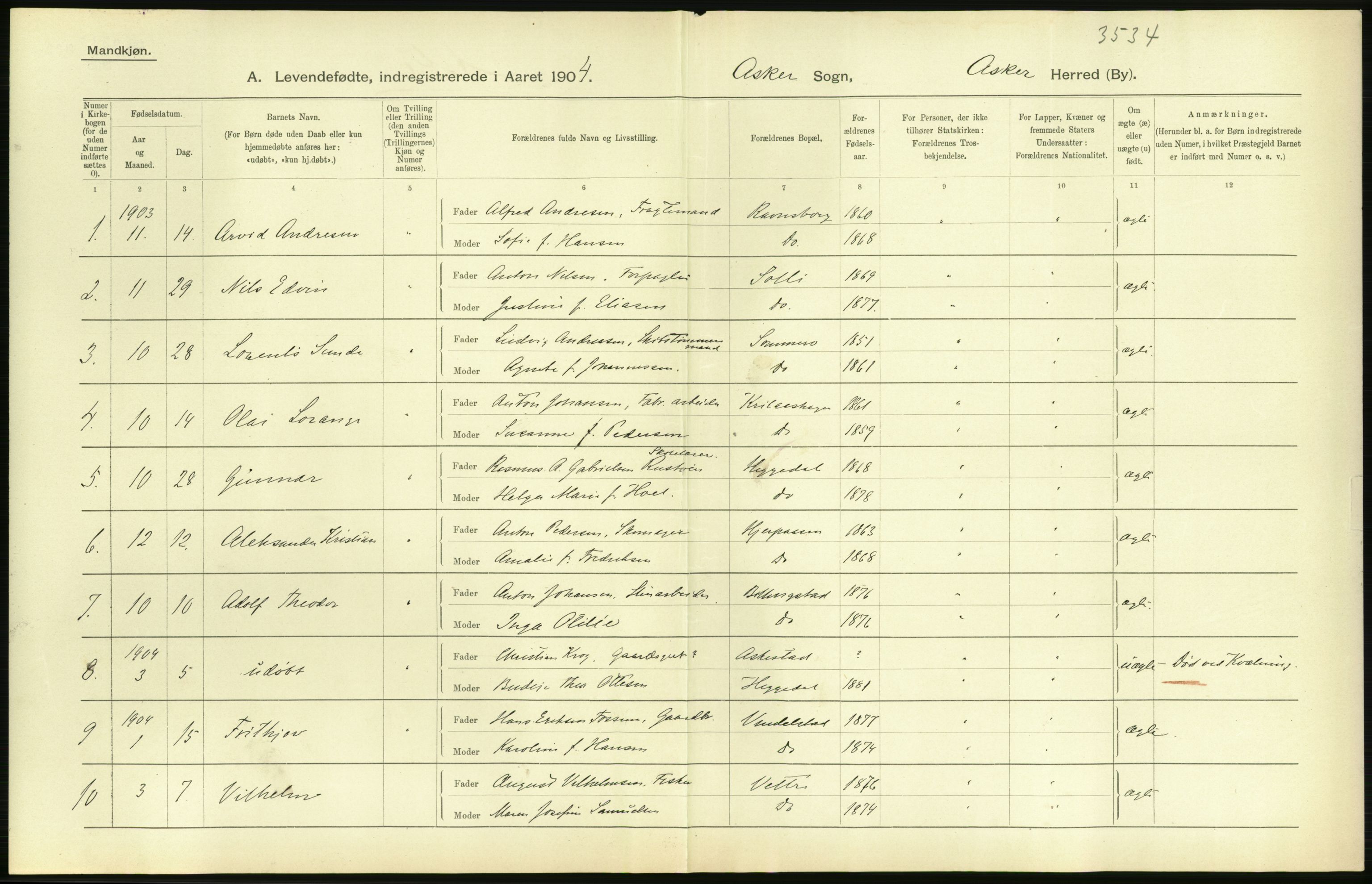 Statistisk sentralbyrå, Sosiodemografiske emner, Befolkning, AV/RA-S-2228/D/Df/Dfa/Dfab/L0002: Akershus amt: Fødte, gifte, døde, 1904, p. 42