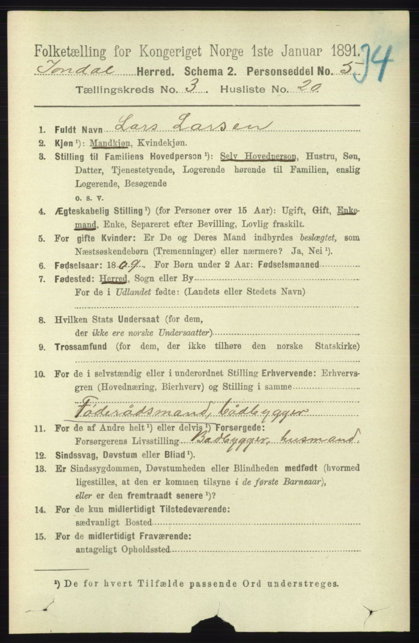 RA, 1891 census for 1227 Jondal, 1891, p. 1434