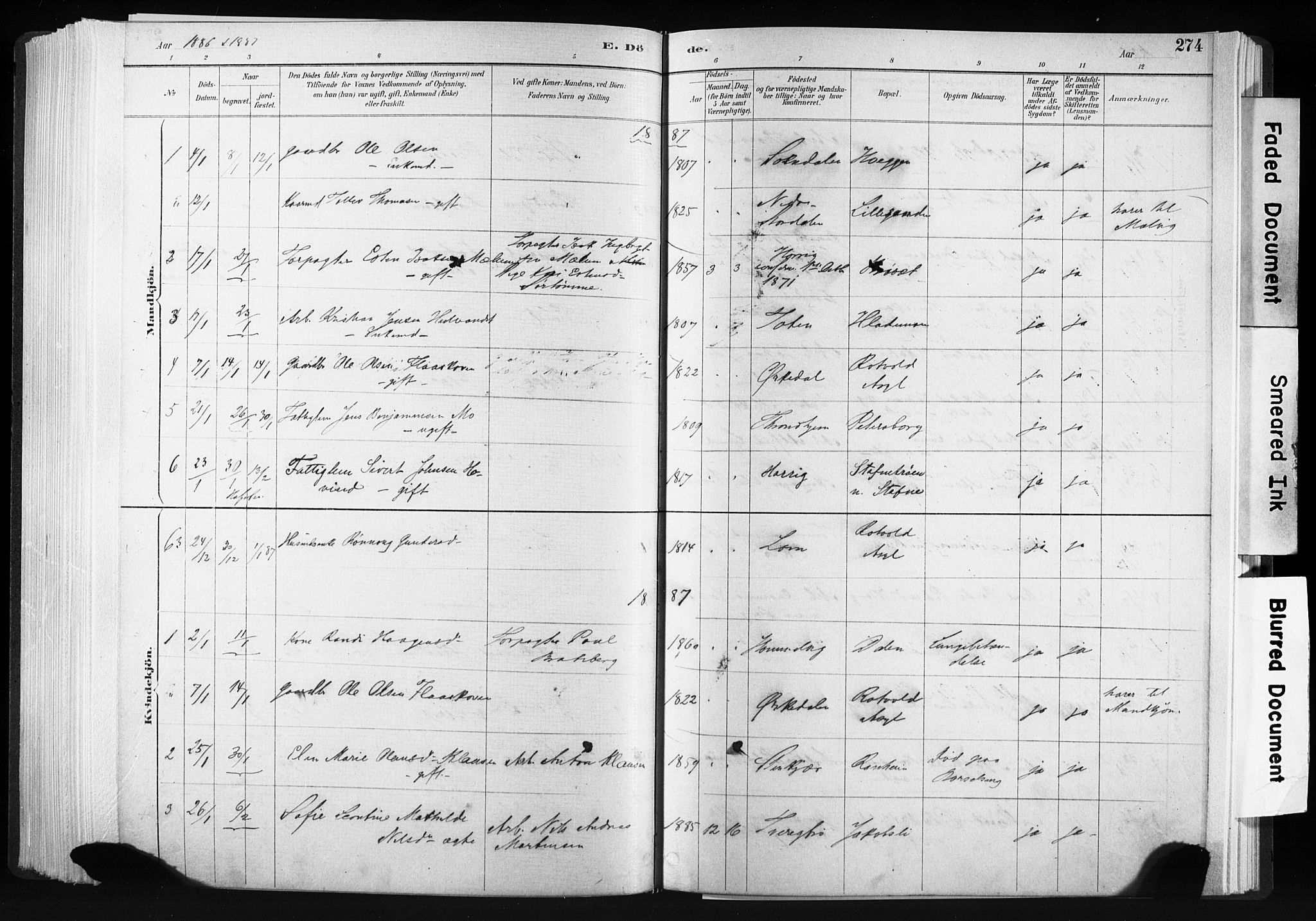 Ministerialprotokoller, klokkerbøker og fødselsregistre - Sør-Trøndelag, SAT/A-1456/606/L0300: Parish register (official) no. 606A15, 1886-1893, p. 274
